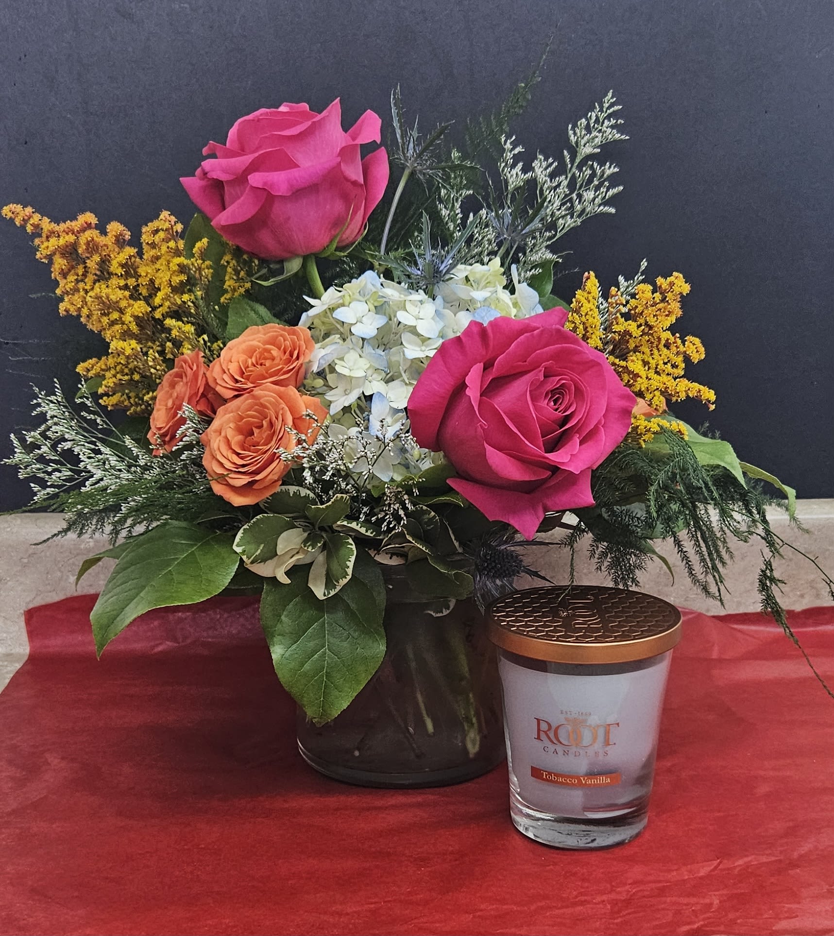 Colorful Pick with Candle - Colorful Arrangement with Large Elegant Candle