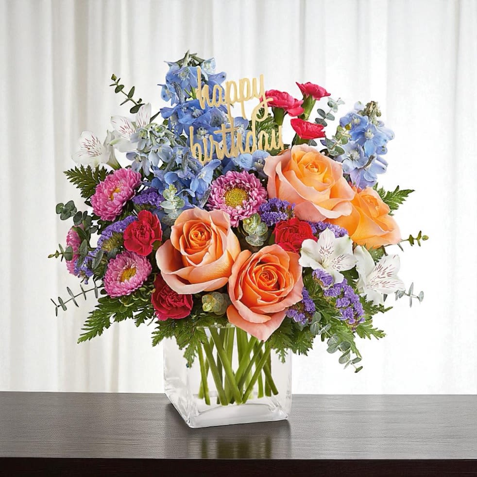 Birthday Blessings Birthday arrangement  - Scream "happy birthday!" with this colorful, vibrant birthday bouquet. It includes a gold "happy birthday" pick in the center. 
