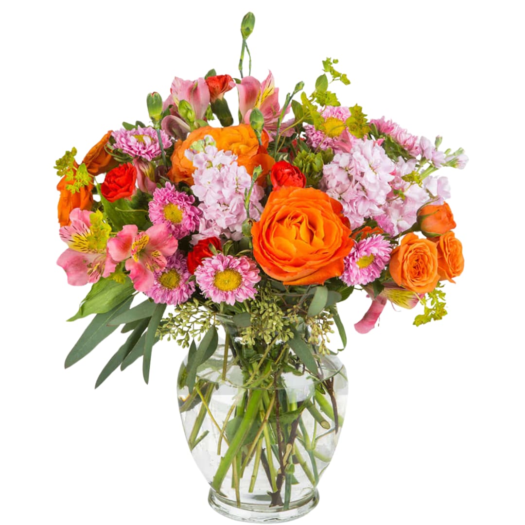 Life of the Party by BloomNation - Celebrate good times with this lively bouquet. The arrangement includes roses, carnations, alstroemeria, stock, aster, and other seasonal blooms.  This is the perfect gift for Mother's Day, Birthday, or Just Because. APPROXIMATE DIMENSIONS: 12" D x 15"H