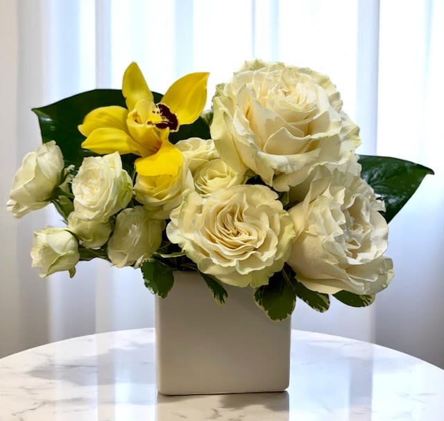 Orchid Rose Cube - A modern and elegant design featuring white roses arranged in a sleek white cube vase, topped with a delicate orchid bloom for a refined finishing touch. Clean, graceful, and timeless—perfect for any occasion where beauty and simplicity speak volumes. Orchid color may vary based on availability.