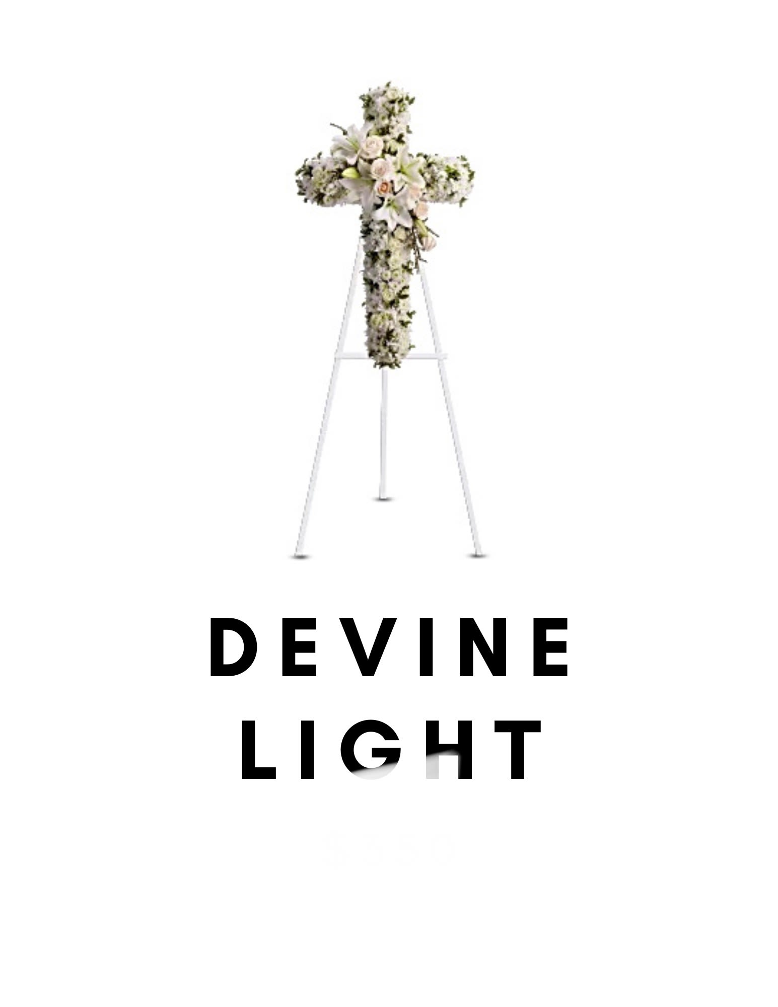DEVINE LIGHT - A beautiful cross tribute in shades of whites, creams, and greens.  * Please be open to substitutions when needed*