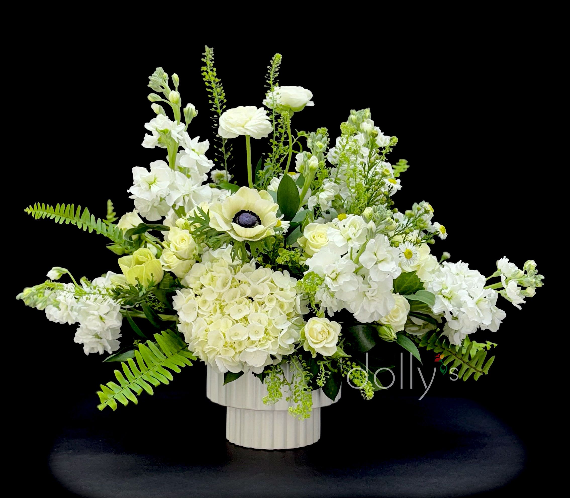 Centerpiece | Panda | White  - A grand centerpiece with a combination of ranunculus, anemones, hydrangeas, roses, and monte casino aster.