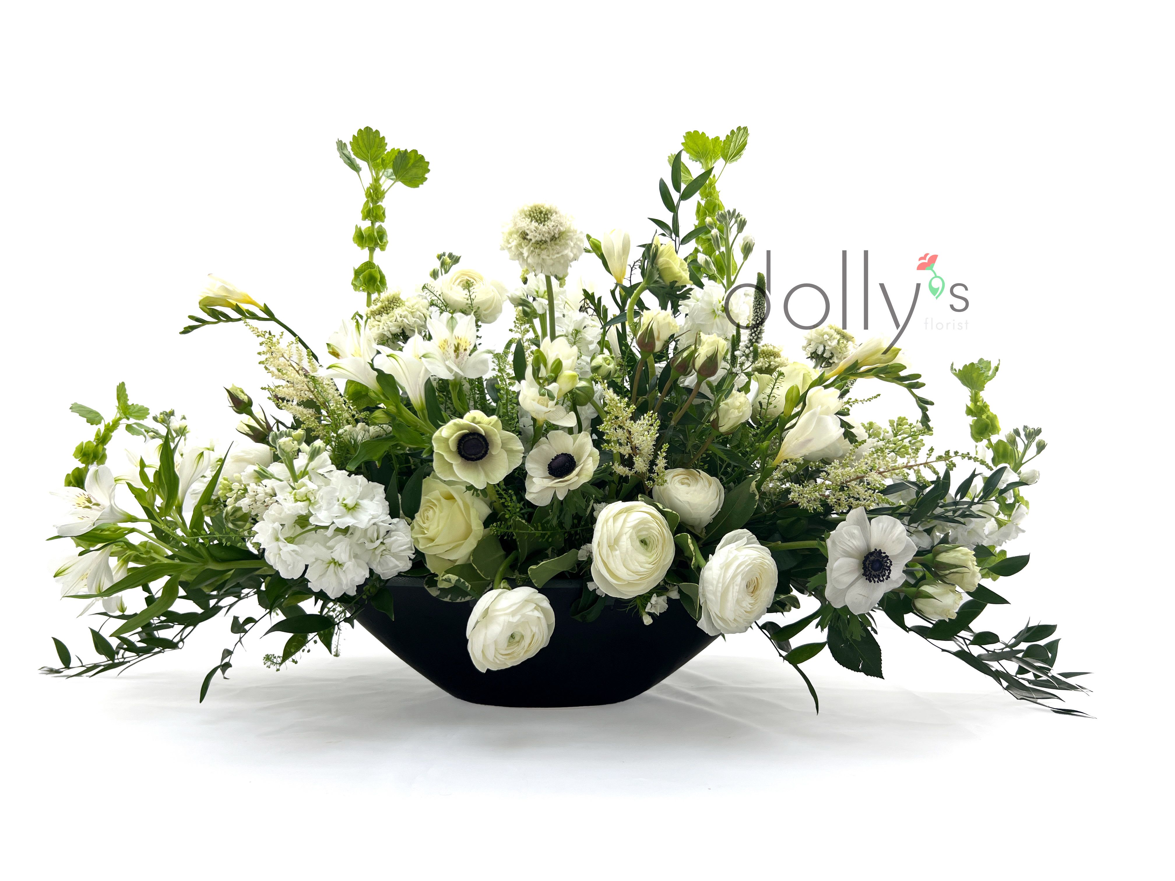 Centerpiece | Panda | Black - An eye-catching centerpiece of panda anemone, scabious, astilbe, freesia, ranunculus, stock, roses, and veronica.