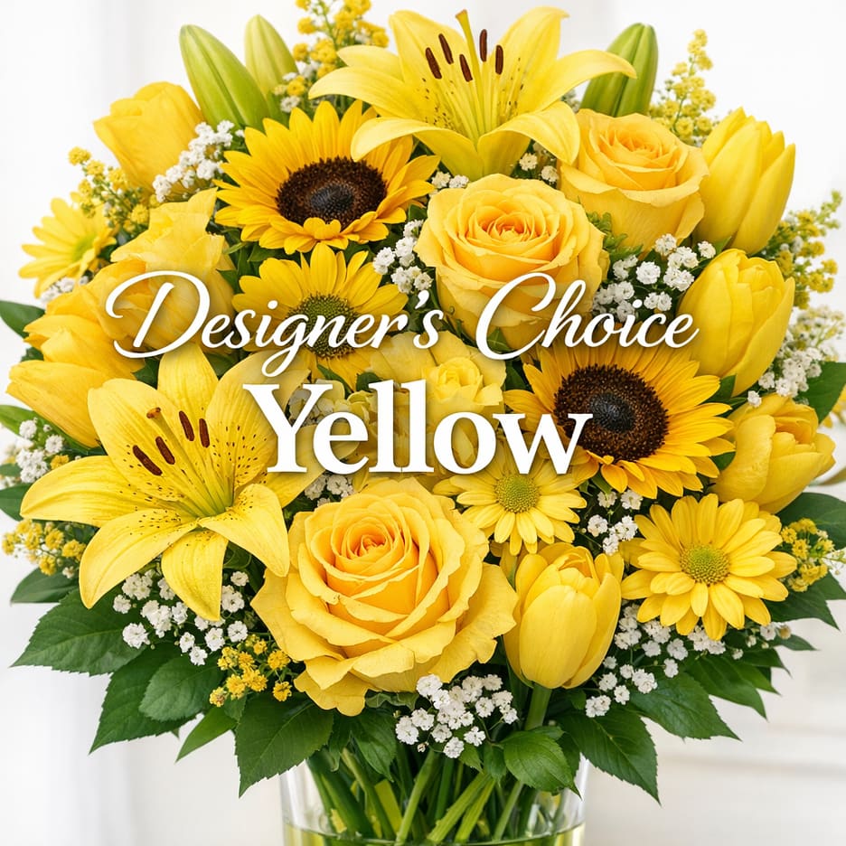 Designers Choice Yellow - A selection that will be predominately the color that you have chosen with accents and greenery to compliment. The designers have the flexibility to create something unique and beautiful for you and is often the best value for you. If you have specifics you would like to request please include in the comments / special instructions area when placing your order.