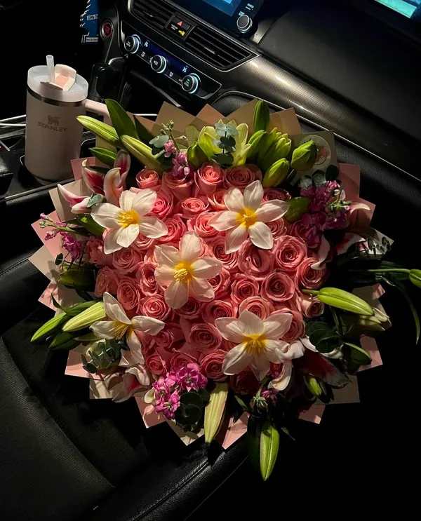 Tulip Dream (bouquet) - Rose , Lliy and Tulip bouquet with touches of pink white and greens