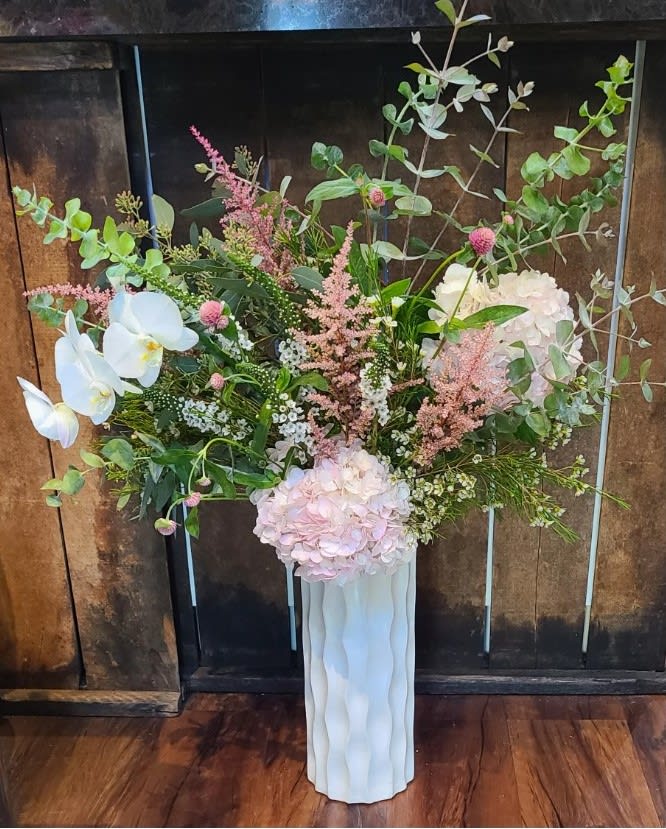 Dainty Delicates - This tall statement piece is perfect for baby/bridal shower, birthday, or any occasion where these soft tones are brought to life. Note: vase may vary.