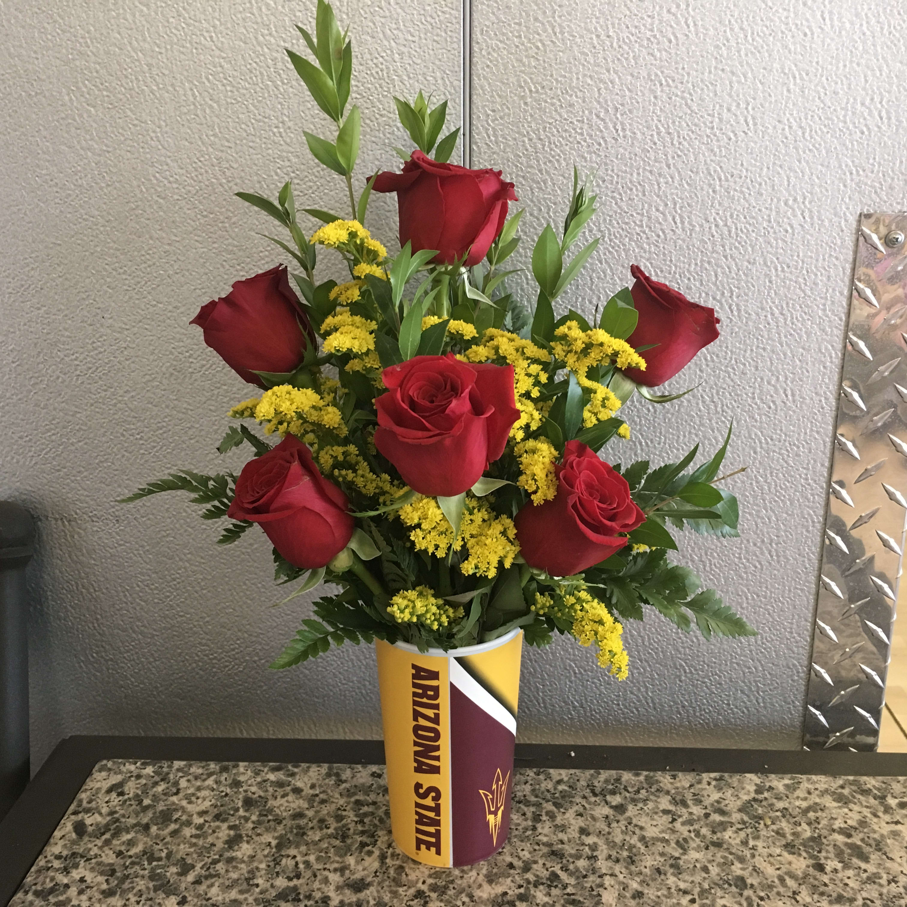 ASU Rose Cup - 6 red roses &amp; solidaster arranged in ASU tumbler cup - Approx. Height 14"