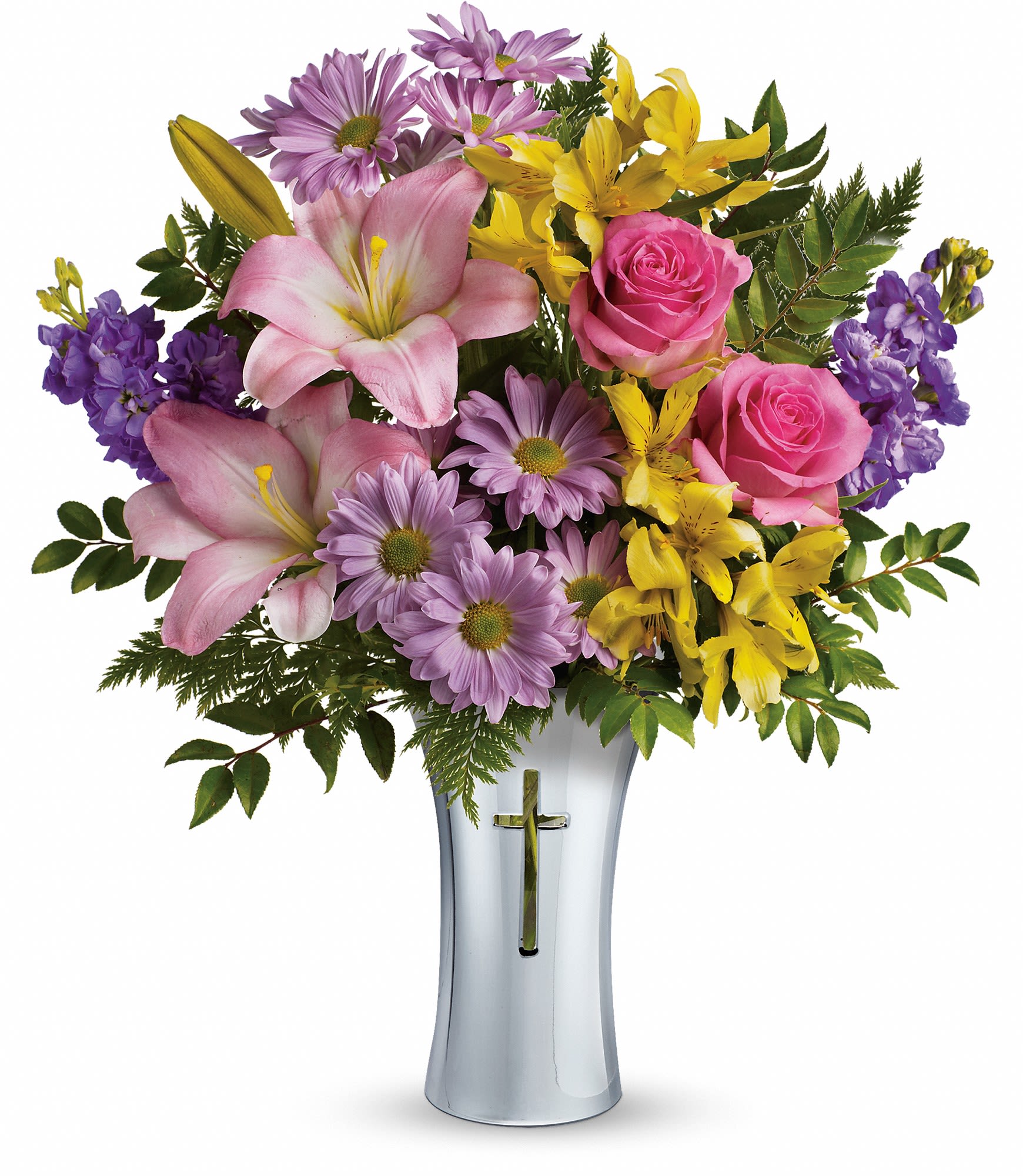 Bright Life Bouquet - Show them how much you care with this beautifully bright yet reverent arrangement of roses, lilies and alstroemeria. Gracefully presented in a shining, silver-finished ceramic vase with cross cut-out - a touching tribute to a bright life.