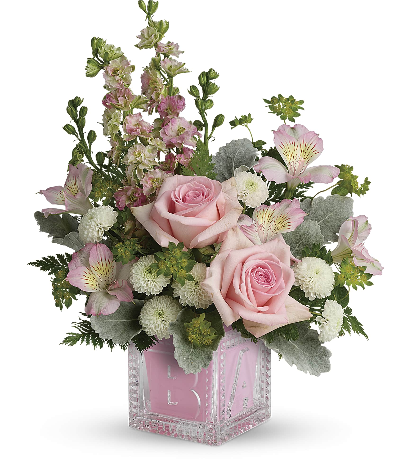 Bundle Of Joy Bouquet - Welcome the new addition with a charming glass baby block keepsake, bursting with a sweet pink bouquet of roses, mums and delphinium. 