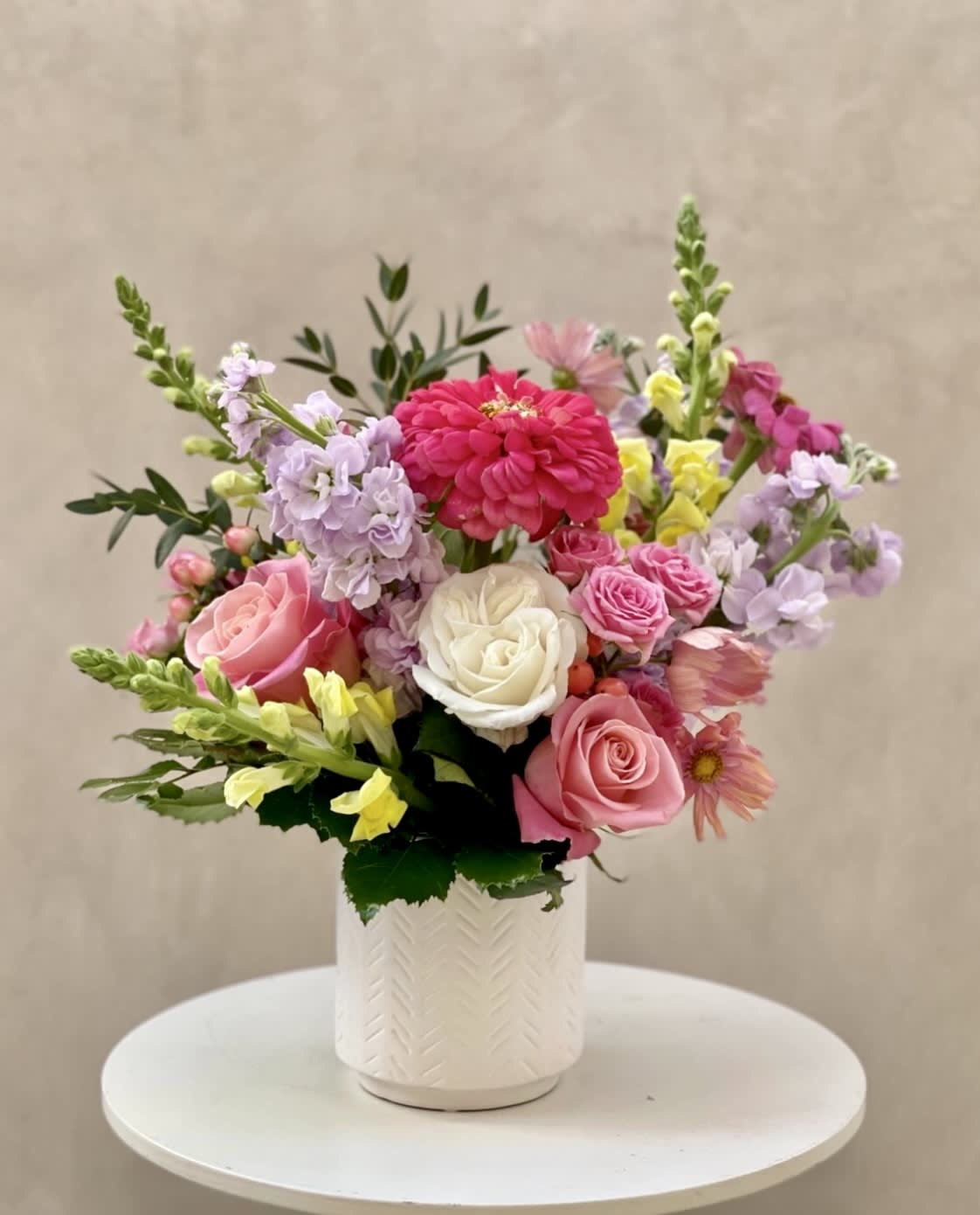 FRIENDSHIP FLOWERS - I love this arrangement. She’s lively and colorful just like this beauty. It has beautiful zinnia’s and roses and snapdragons!!  It is sure to brighten anyone’s day!!!