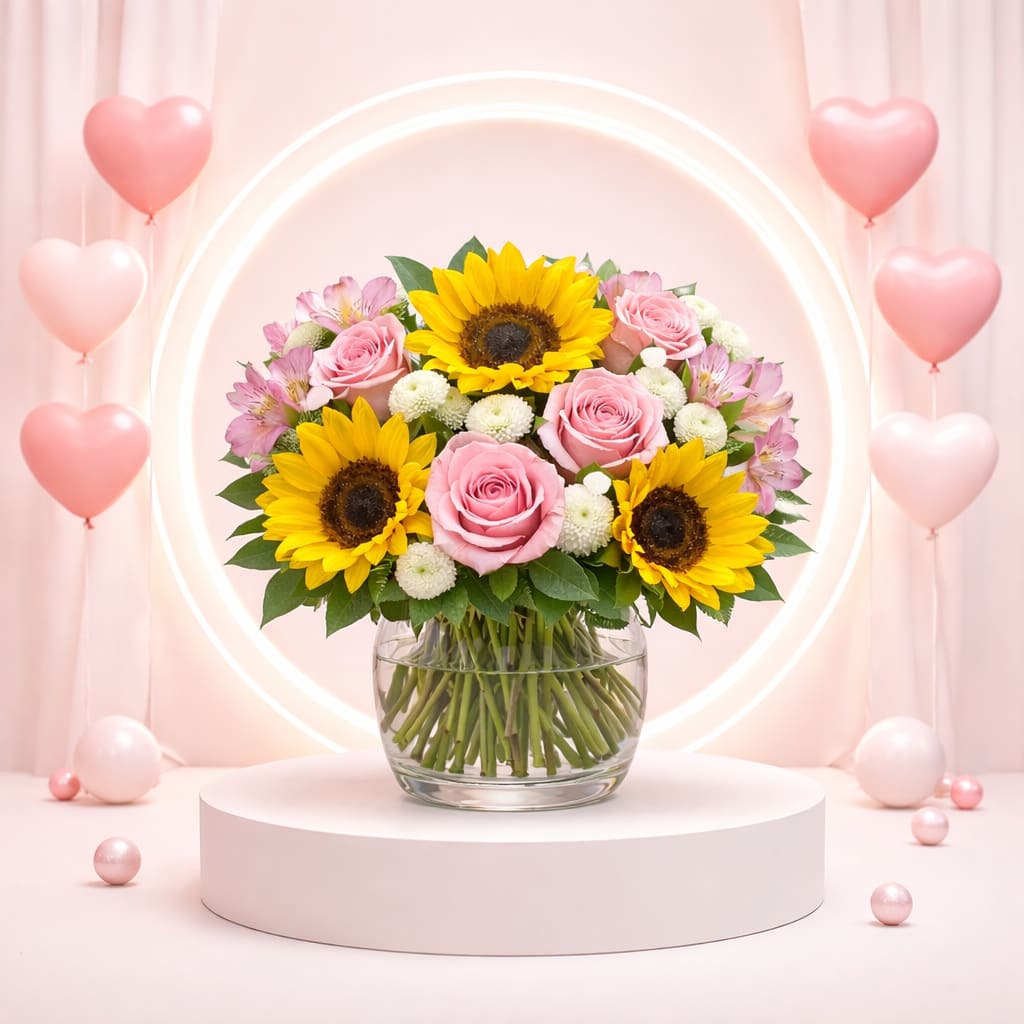 Sunrise Blush Delight – Sunflowers &amp; Pink Roses - Bright, cheerful, and full of charm, Sunrise Blush Delight brings together the warmth of golden sunflowers with the soft romance of pink roses. This vibrant arrangement also features fresh white button mums and delicate pink alstroemeria, all arranged in a clear glass vase for a clean, modern look.  Perfect for birthdays, anniversaries, congratulations, thank-you gifts, and everyday flower delivery, this bouquet delivers happiness and elegance in one stunning design.   Sunflowers symbolize happiness and positivity  Pink roses represent affection and admiration  Designed fresh by local florists  Same-day flower delivery available  Flower varieties may vary slightly due to seasonal availability while maintaining the same style, color palette, and value.