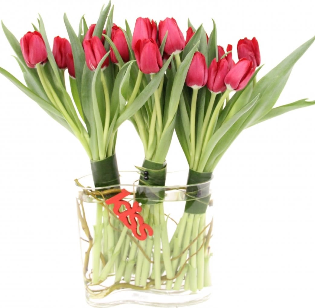Valentine's Day Tulips Bouquet -  tulips to make a perfect bouquet to make you feel young at heart.3 bunches of red tulips in a specialty vase with "kiss" charm