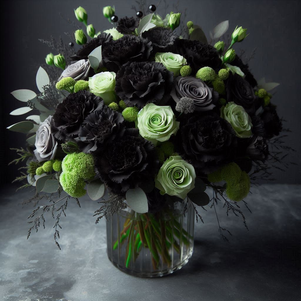 Toxic Love by Latin Lady Flowers - Step into a world of dark allure with the "Toxic Love" bouquet, a bewitching arrangement that captivates with its unique blend of colors. Featuring light green roses, green baby's breath, and black carnations, this bouquet creates a striking visual contrast that embodies the essence of gothic romance.  Arranged in a clear vase and accented with lush foliage, "Toxic Love" exudes an eerie elegance that is perfect for those who revel in the unconventional. The combination of vibrant green and deep black flowers evokes a sense of mystery and enchantment, making it an ideal choice for adding a touch of gothic charm to any occasion.  Whether you're celebrating a special event or simply want to infuse your space with a hint of dark elegance, the "Toxic Love" bouquet is the perfect statement piece.   THIS PRODUCT CONTAINS PAINT, STAINS, AND/DYES TO PRESERVE THE COLOR THEME PRESENTED HERE. FLOWERS MAY EMIT FUMES. THE COLORS DEPICTED HERE DO NOT OCCUR IN NATURE. ALL SALES ARE FINAL. 