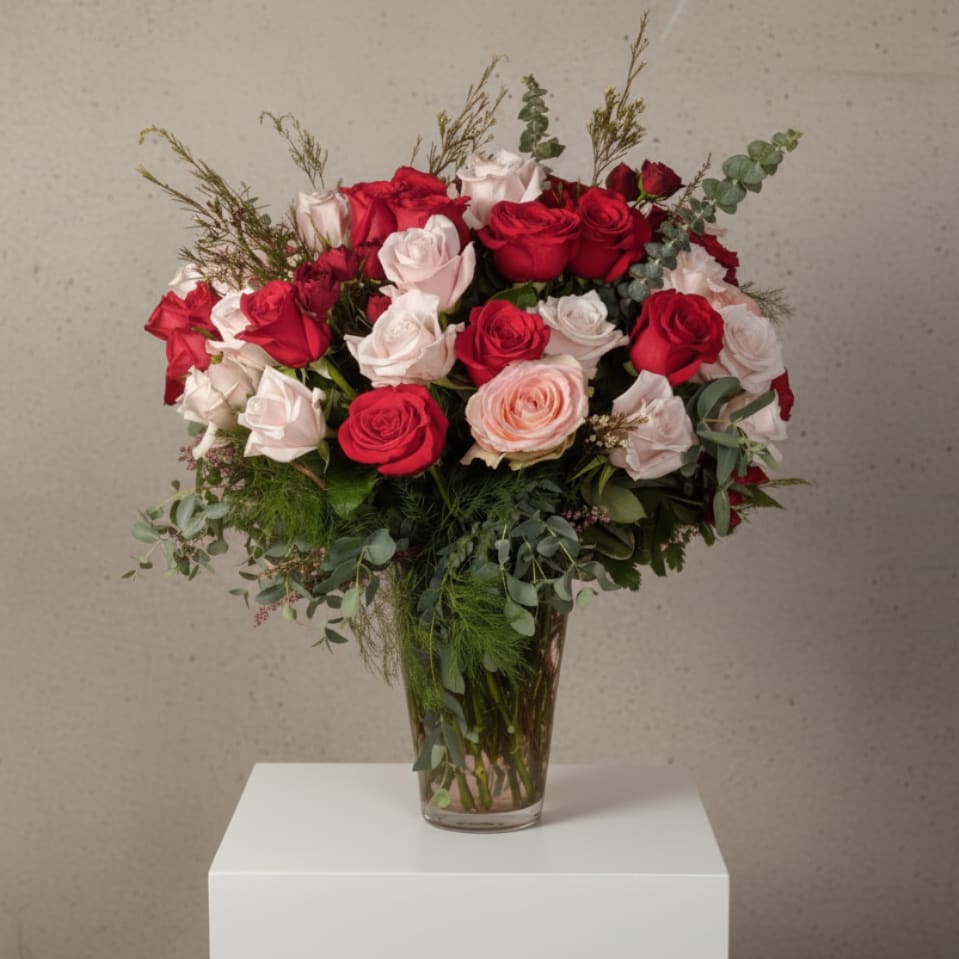 Three Dozen Mixed Roses - Make a bold statement with three dozen hand-selected Prima Roses in a stunning mix of colors, perfectly paired with fresh greenery and presented in a sleek glass vase. Luxurious, vibrant, and effortlessly elegant—this bouquet is a celebration in every bloom.