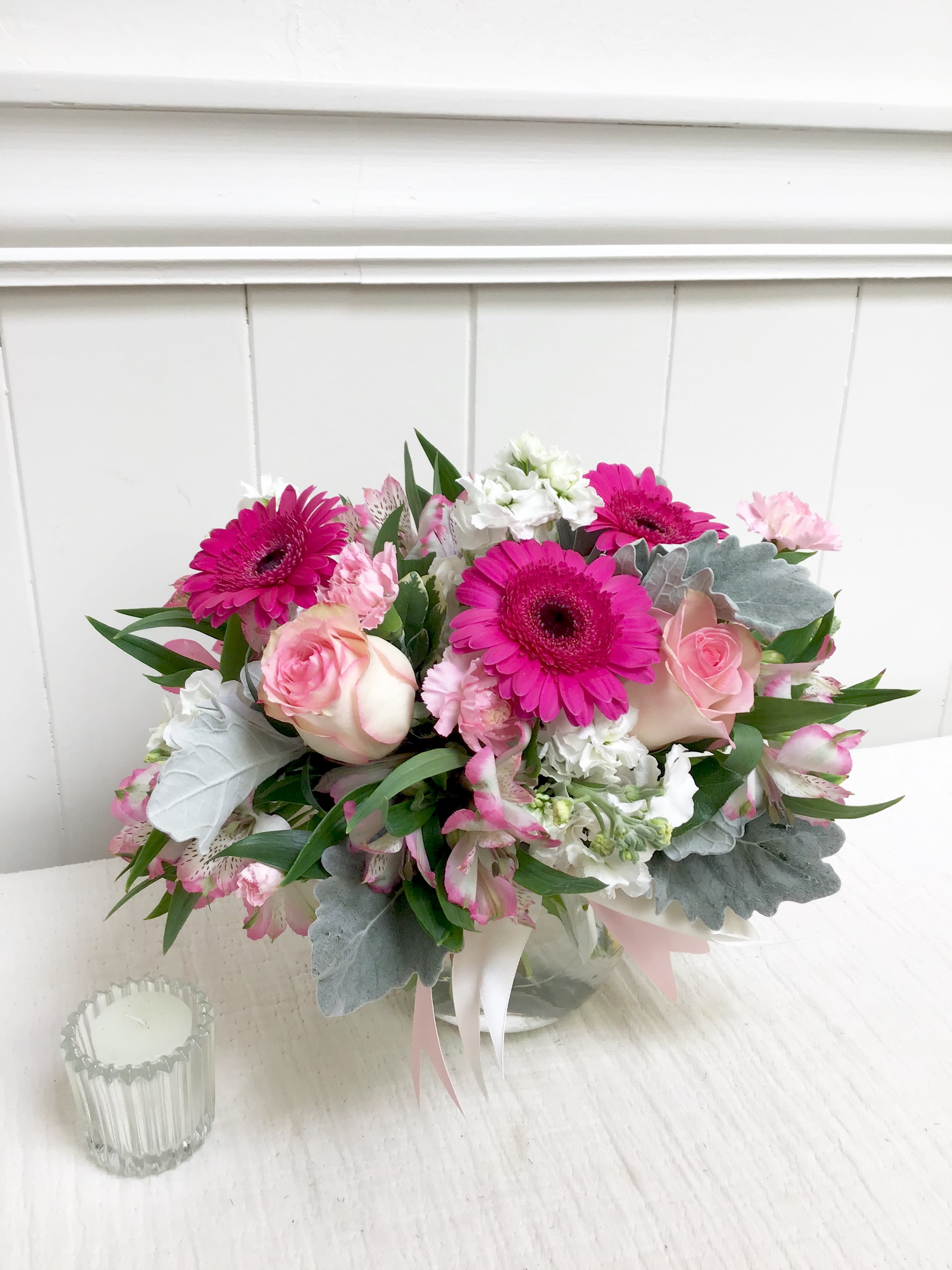 Jo's Favorite - This pink and white mix of fresh flowers, including roses, gerbera daisies and stock. 