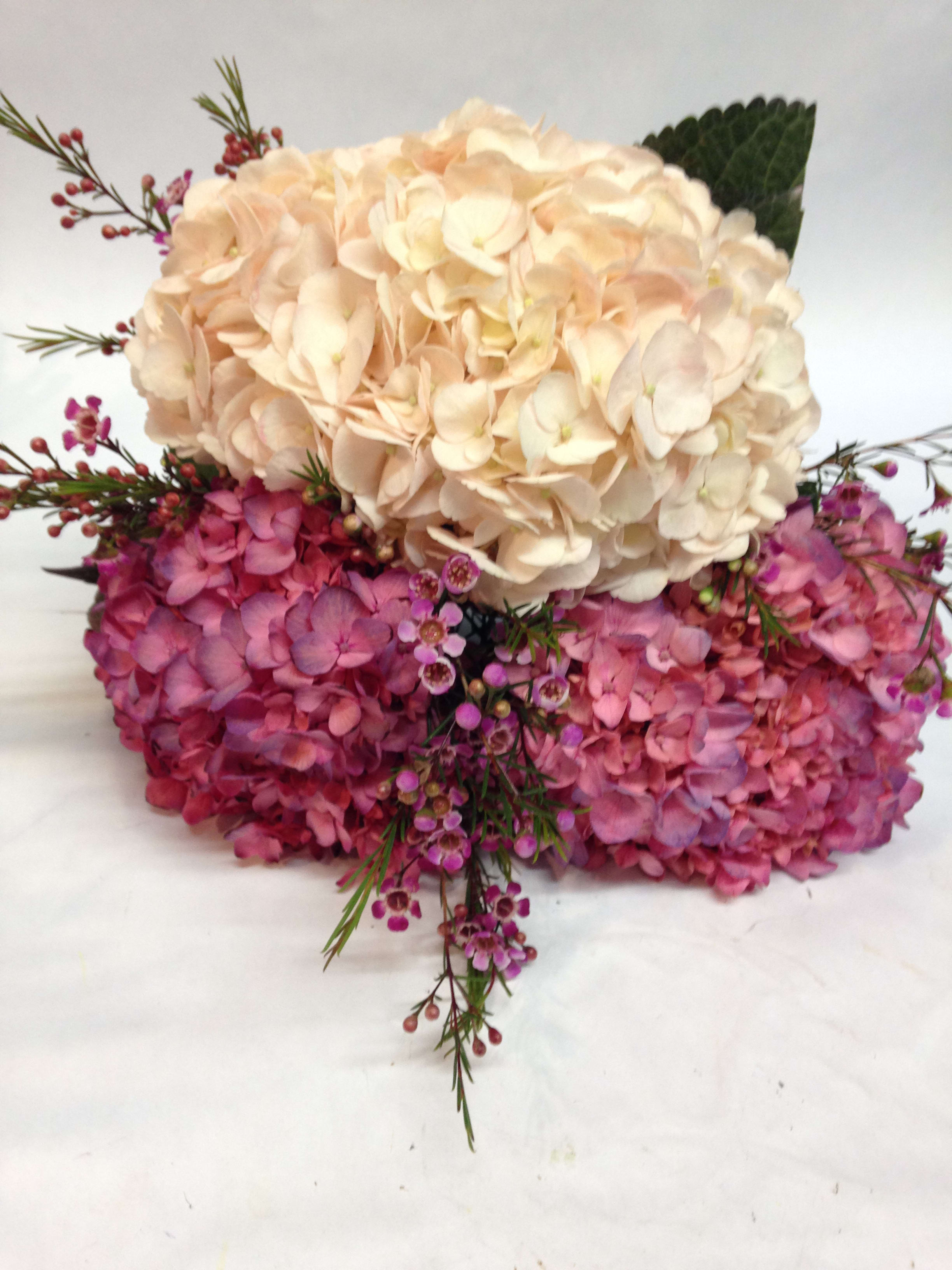 Sweet Hydrangea - This wrapped bouquet is an assortment of hydrangea: pink, white, purple, blue, green and blush.   (Some flowers may be subject to change depending on the season.  We will contact you with available flower substitutions; please contact us with specific questions if you are concerned with flower availability, thanks!)  Featured arrangement: $55.75 (Regular Price)