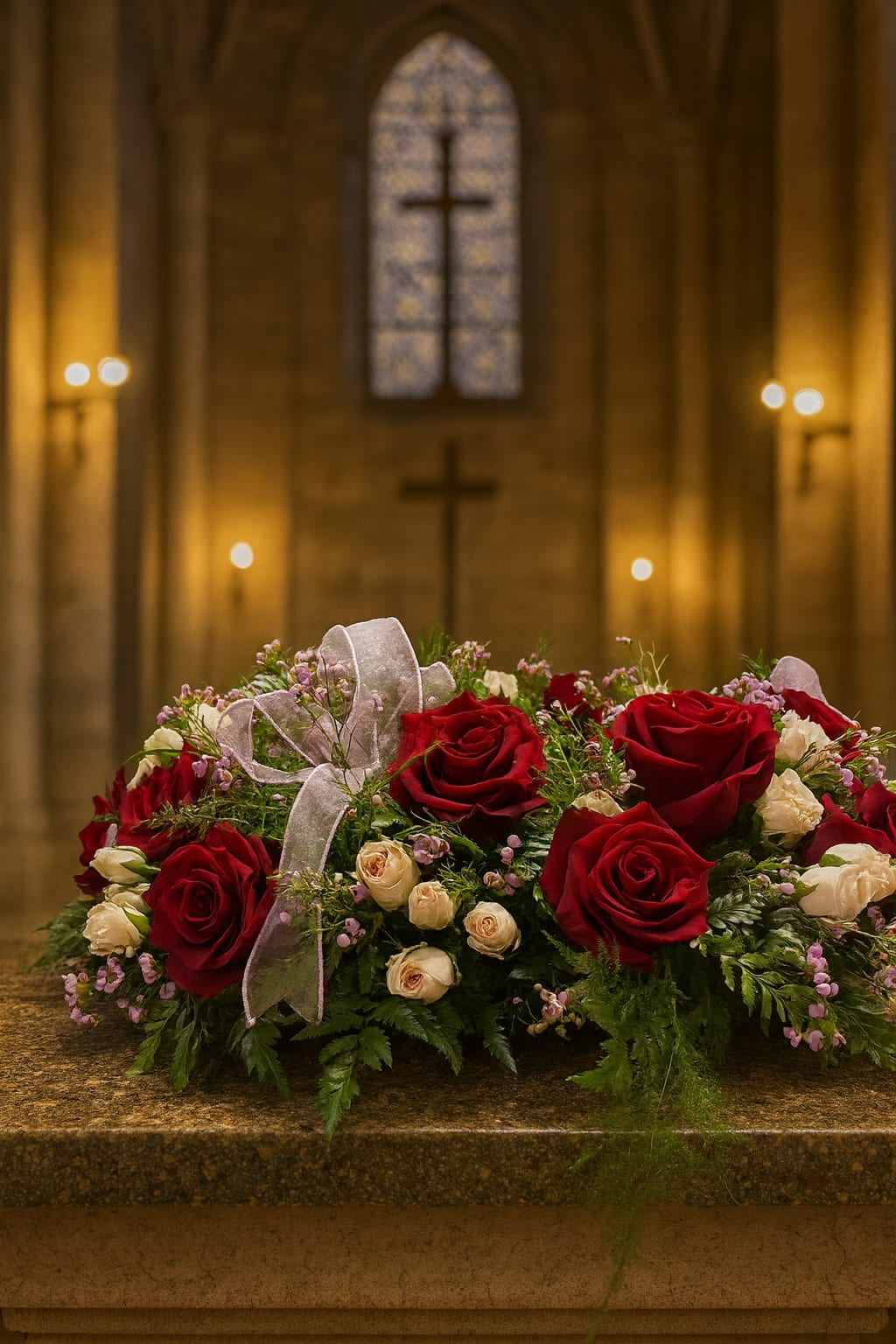Always and Forever Floral  Urn - Pure red roses and greenery come together to create this beautiful urn arrangement. Celebrate and honor their memories with this memorial. 