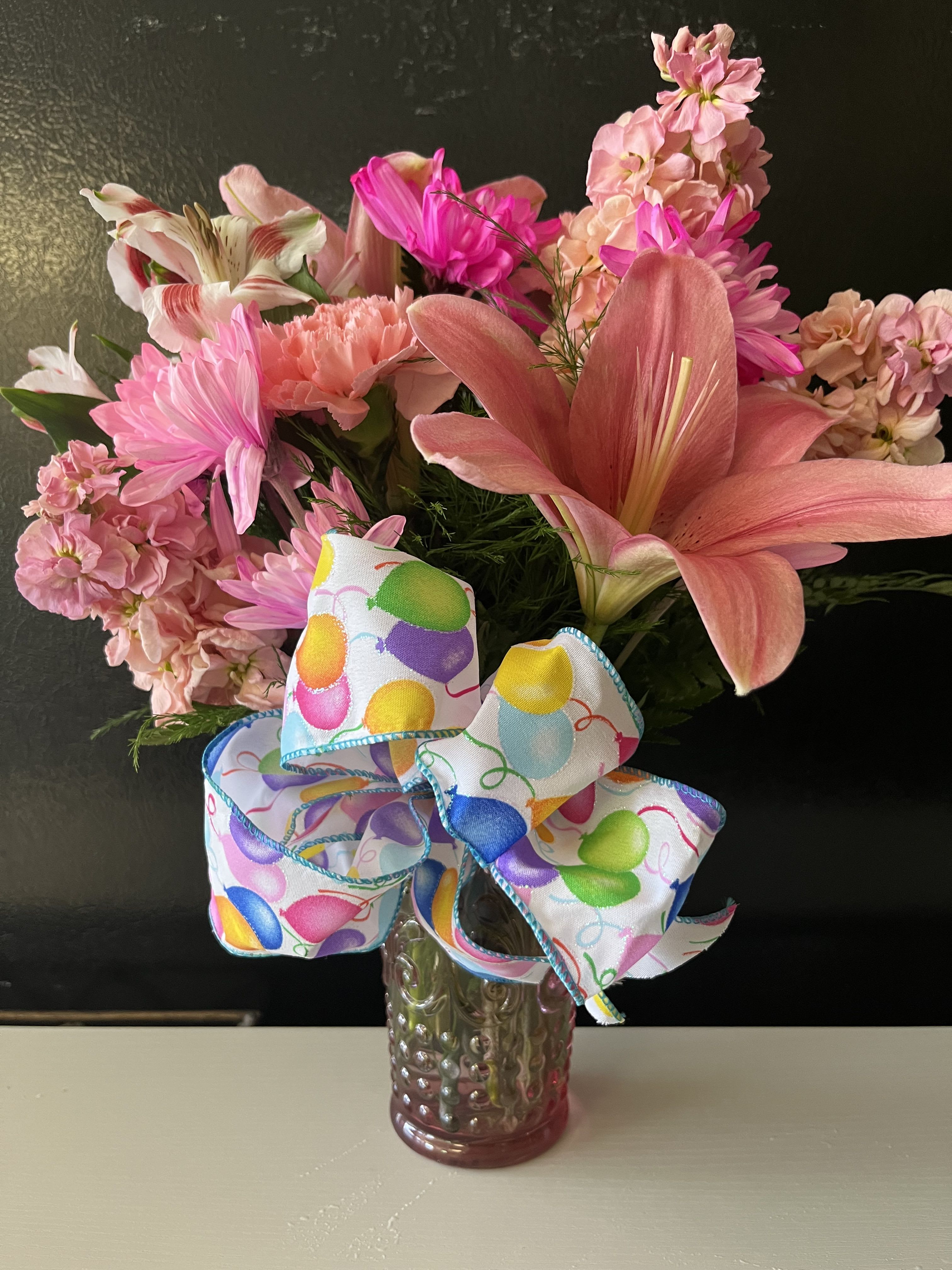 Birthday Bunch  - fresh flowers in vase with birthday ribbon 