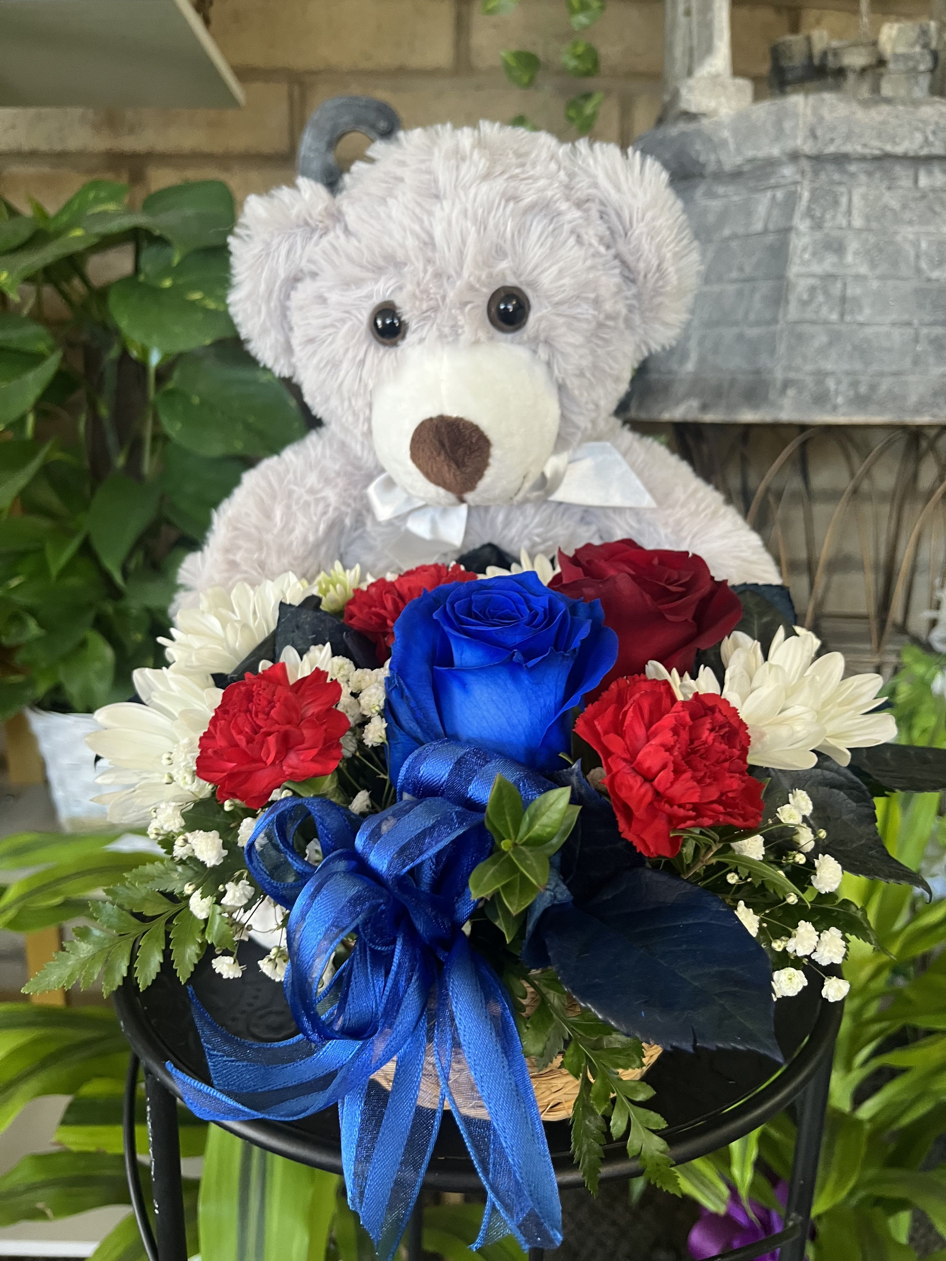 Floral Bear  - fresh basket of flowers with gray bear  