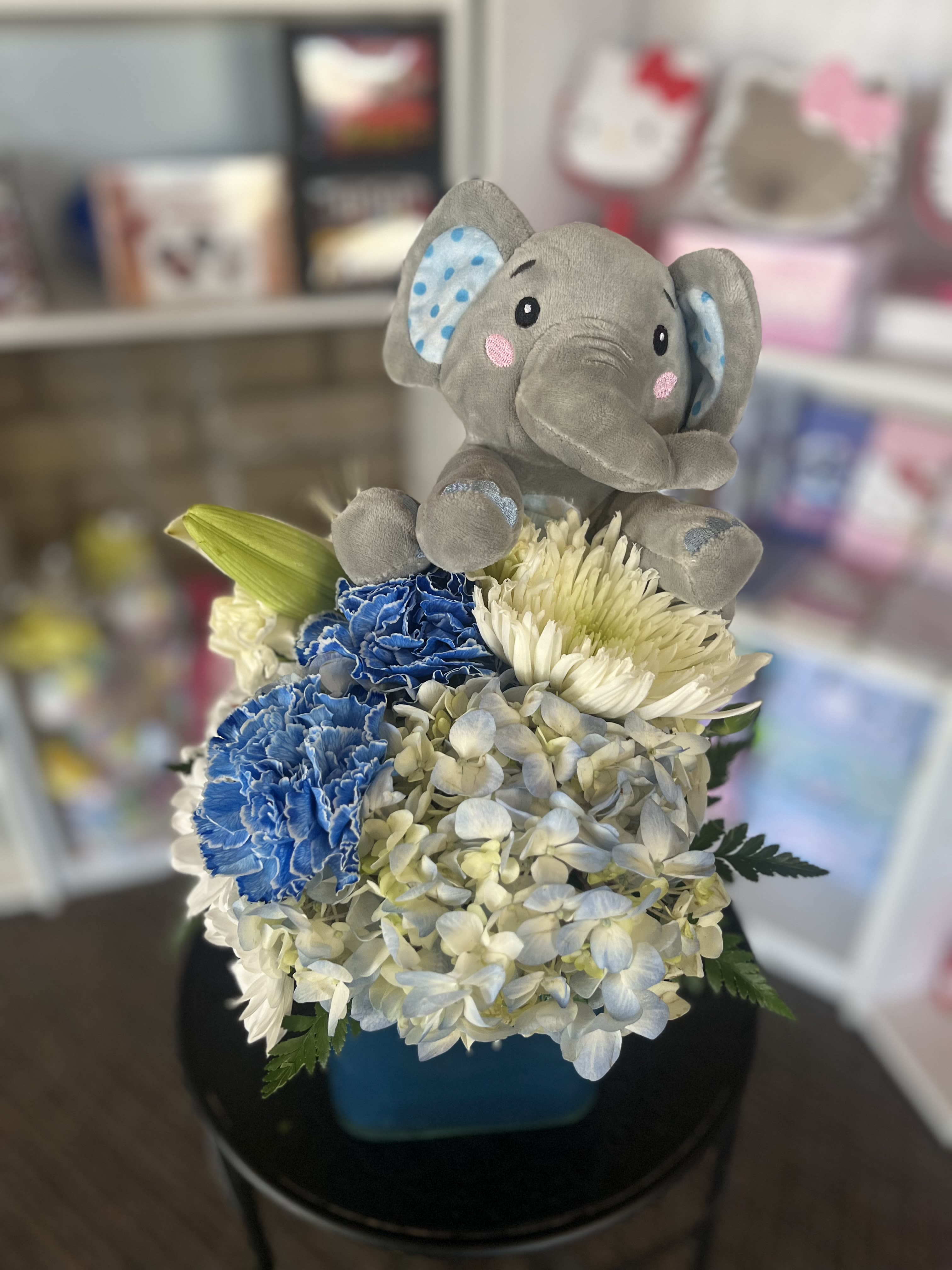 Its a Boy Baby Elephant  - fresh white and blue flowers with elephant plush 