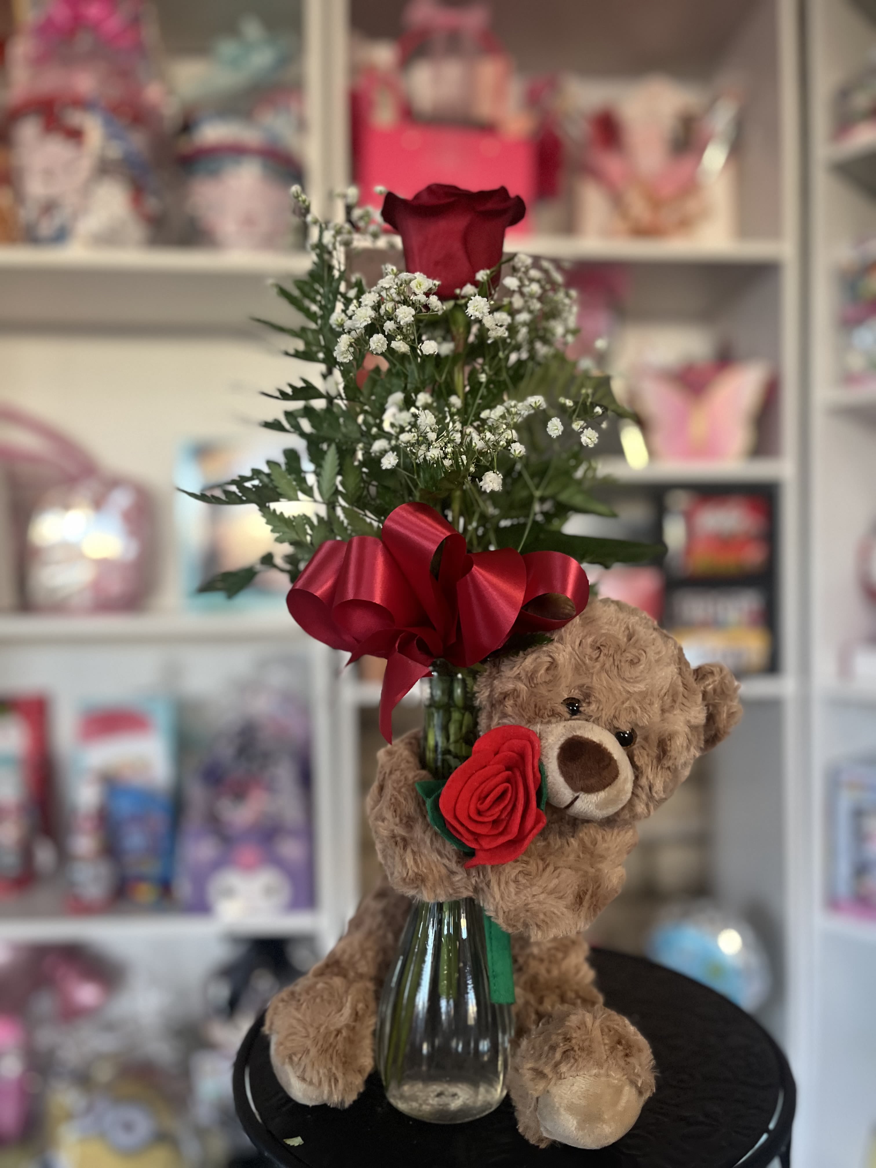 Rose Bear Floral  - fresh rose in bud vase with floral bear 