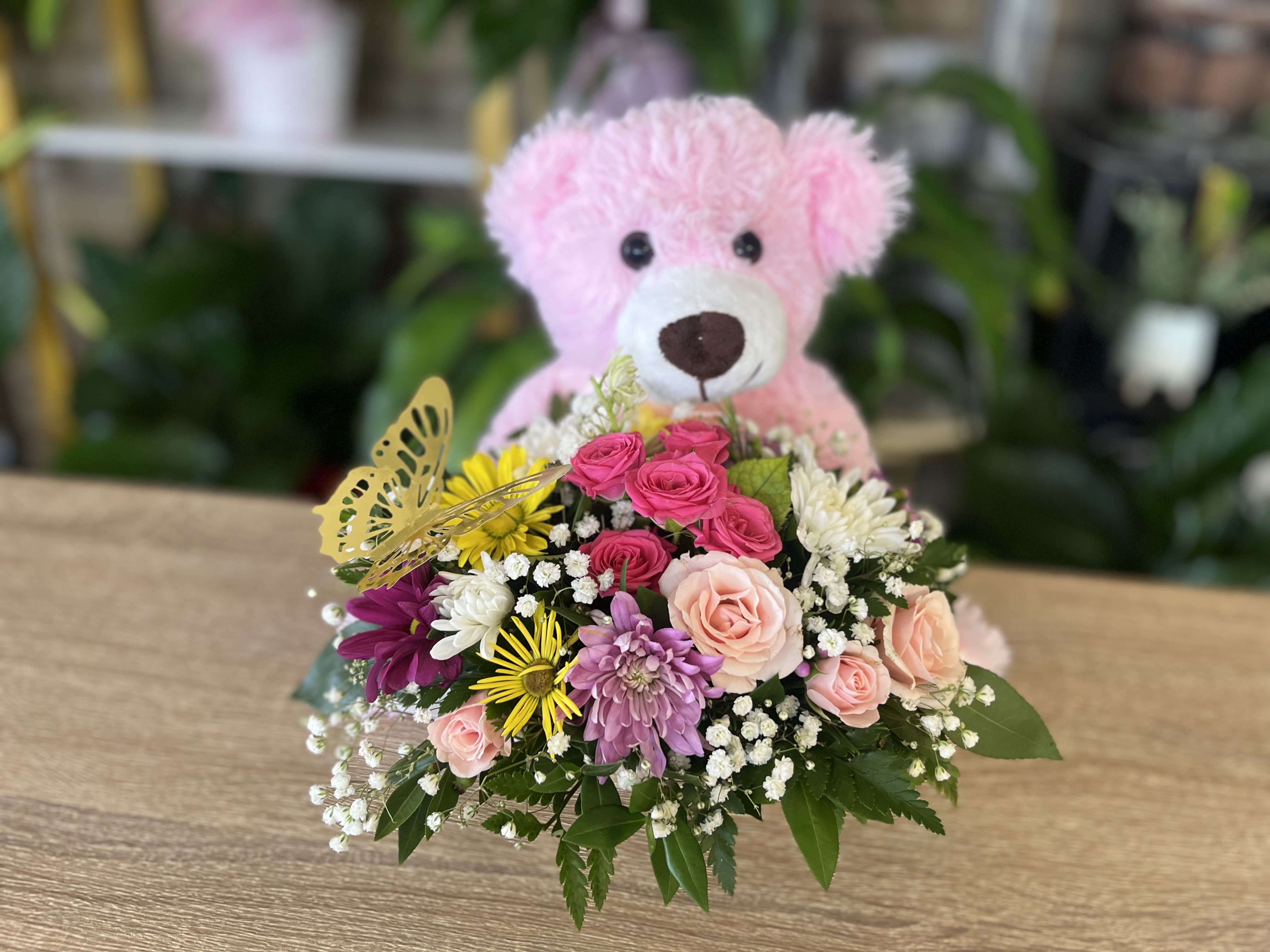 Pink Bear Basket  Flowers  - medium size pink plush with basket of fresh flowers 