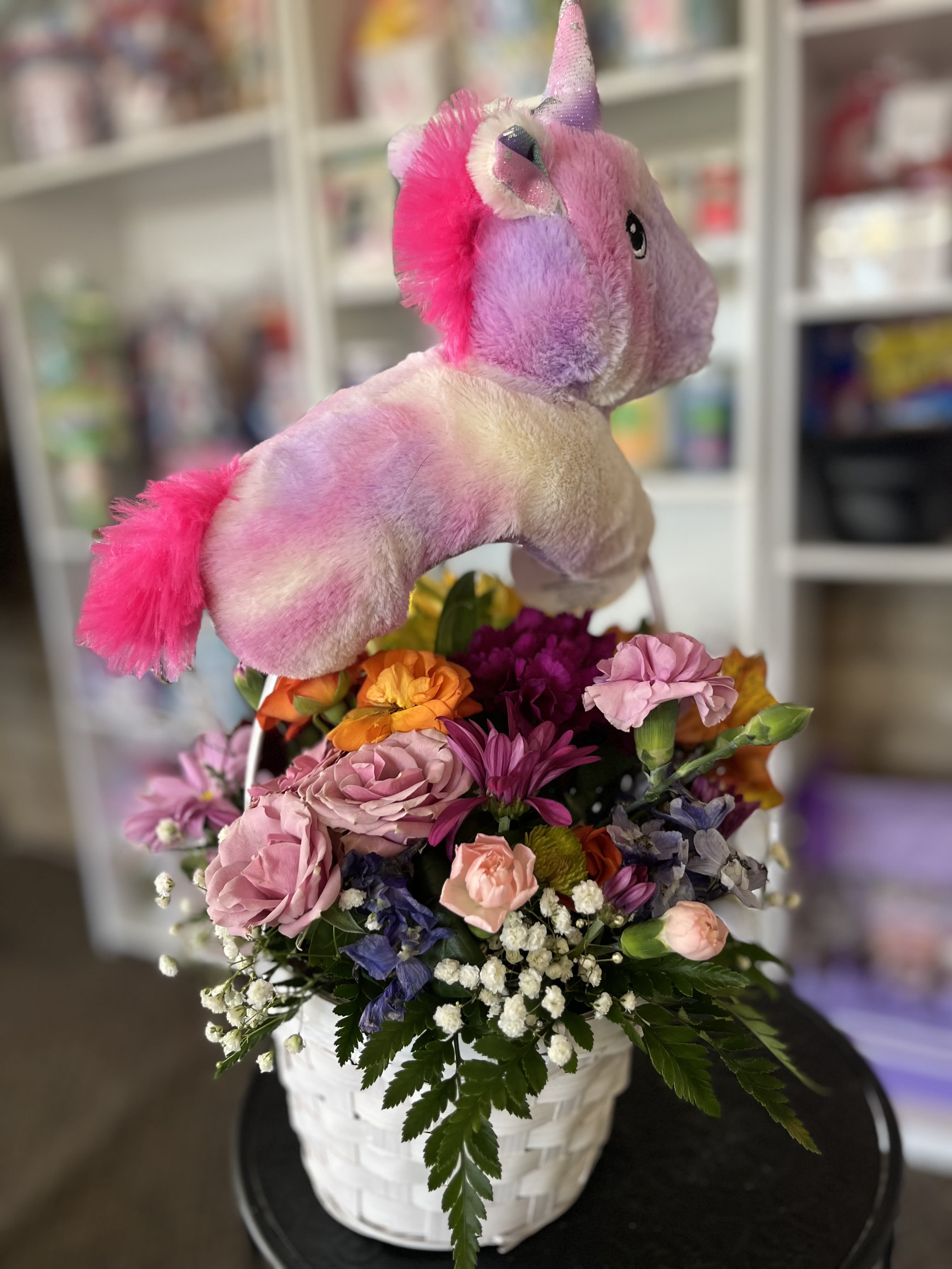 Unicorn Floral  - fresh flowers in basket with unicorn plush 