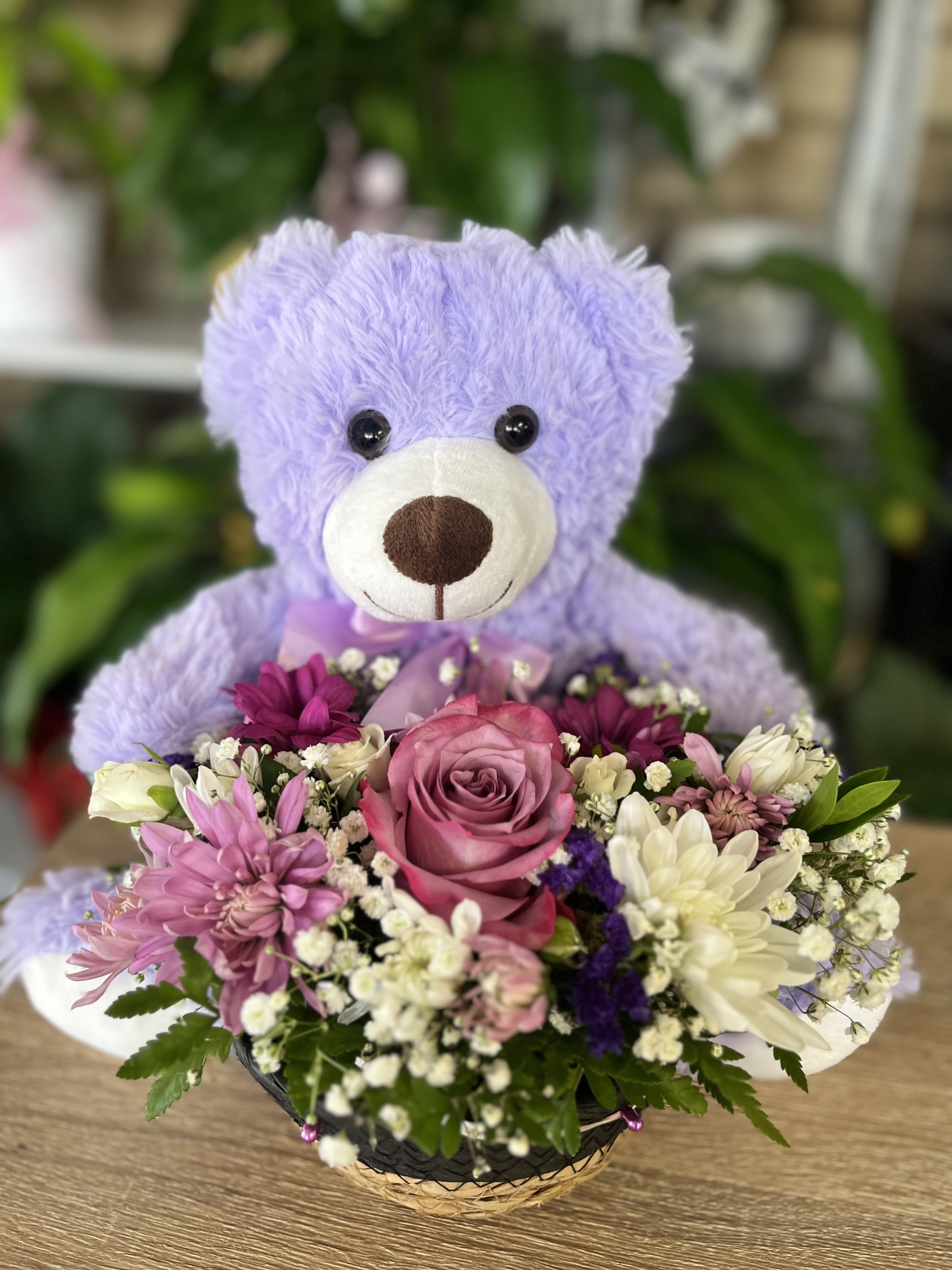 Purple Basket of Flowers  - Bear  attach to basket with flowers 