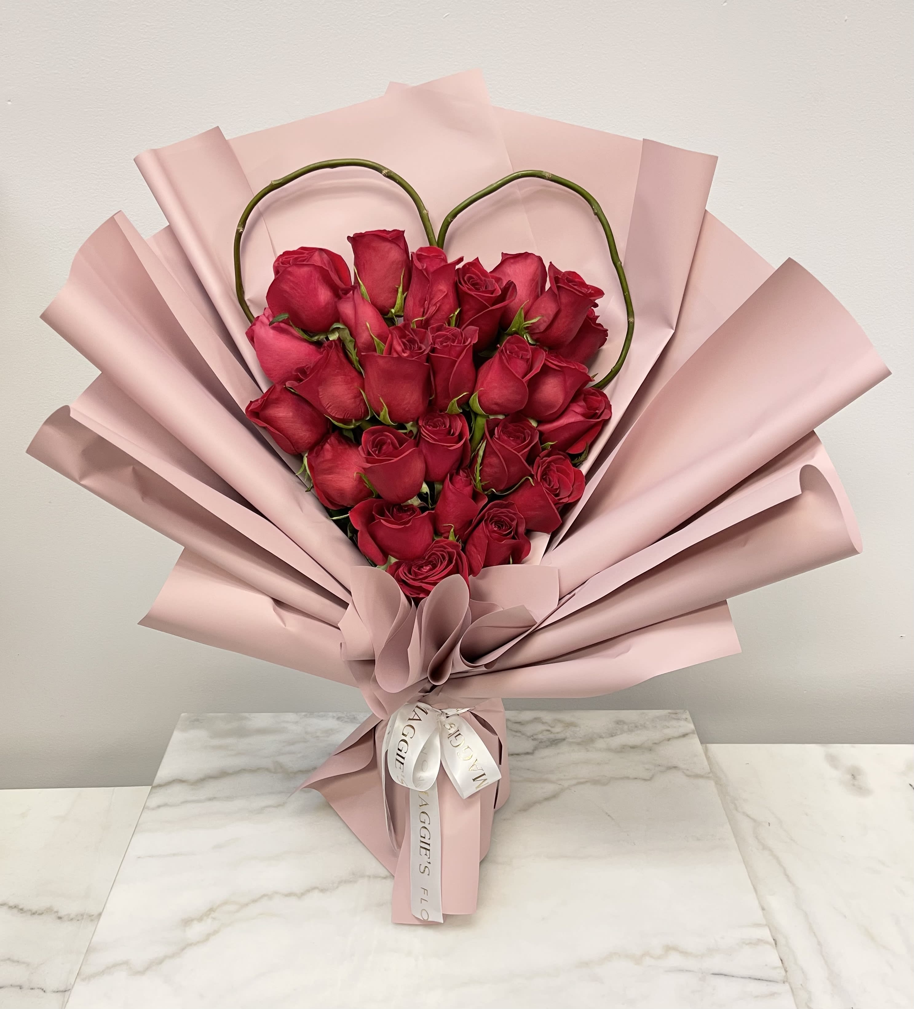 MFS Love Bouquet  - Heart shape 25 rose bouquet Wrapped in our Korean style paper  (Glass vase is included) 