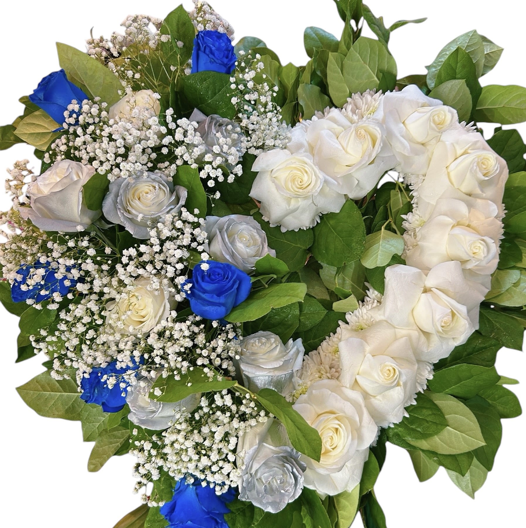 Sympathy Spray Blue Sliver Heart Stand  - Fresh Flower Sympathy Spray Flower Stand  Size Small Is 25”-26” Medium 27”-28” Large 30”-31”  If You Like Other Color Can Let me Know  We Can Change Any Color You Like  We Can Help You Make Banner For Free  Free Delivery Bay Area Ca
