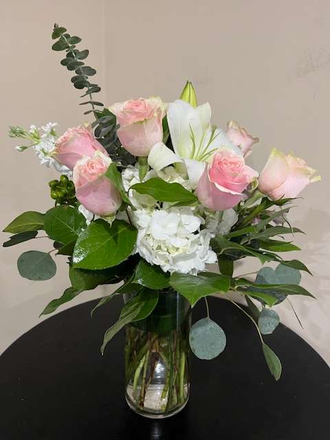 Pink and White Jubilee -  9 Pink roses, white lillies and hydrandgea with mixed greens