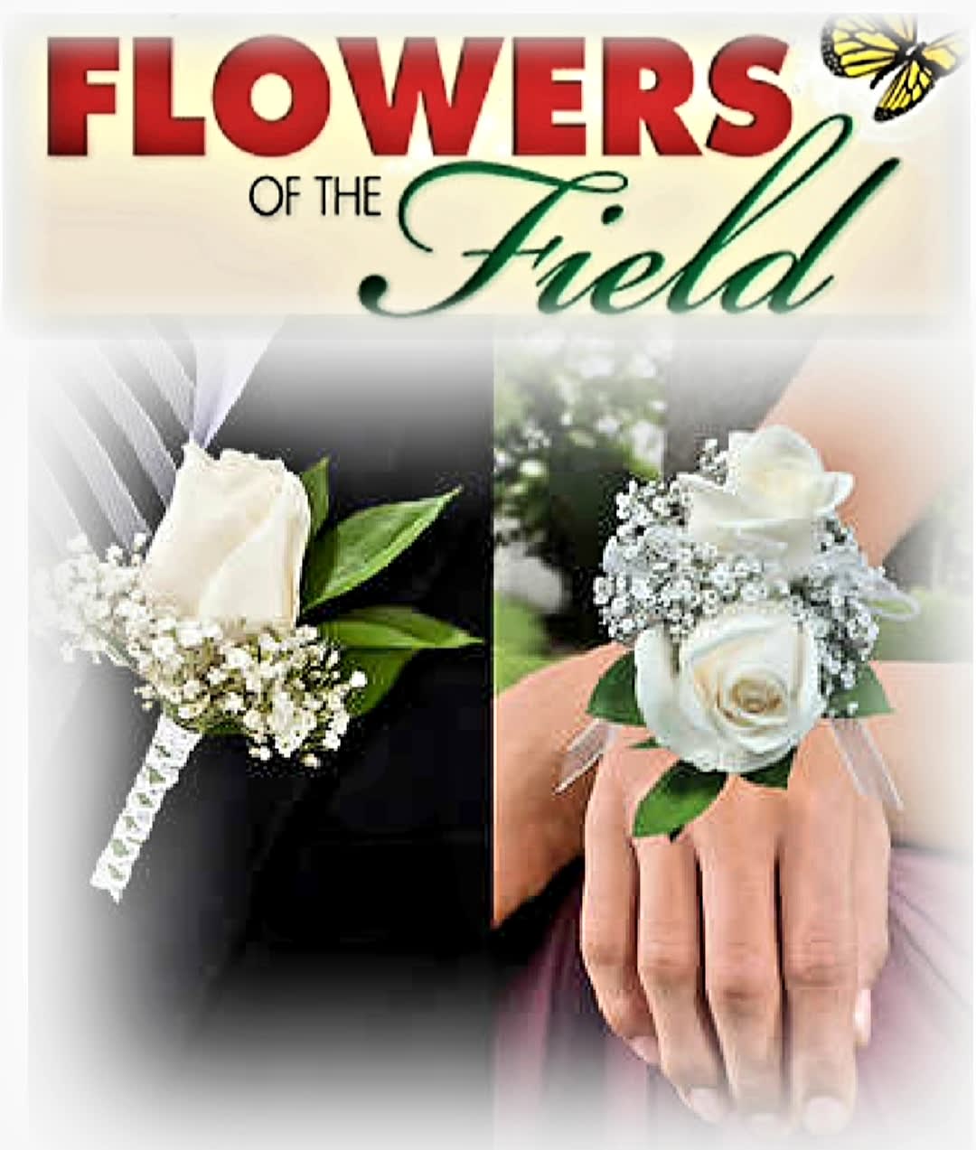 Corsage &amp; Boutonniere Set with White Roses - Corsage &amp; Boutonniere with White Roses, Please note the color of the ribbon on the special instructions or call Flowers of the Field at 201.854.7300
