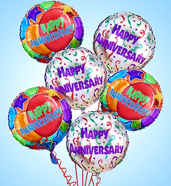 Happy Anniversary Mylar Balloon - Celebrate that special day with your love one with a bundle of assorted festive balloons.  Standard includes 6 assorted balloons. Deluxe includes 12 assorted balloons. Balloon designs may vary due to local availability