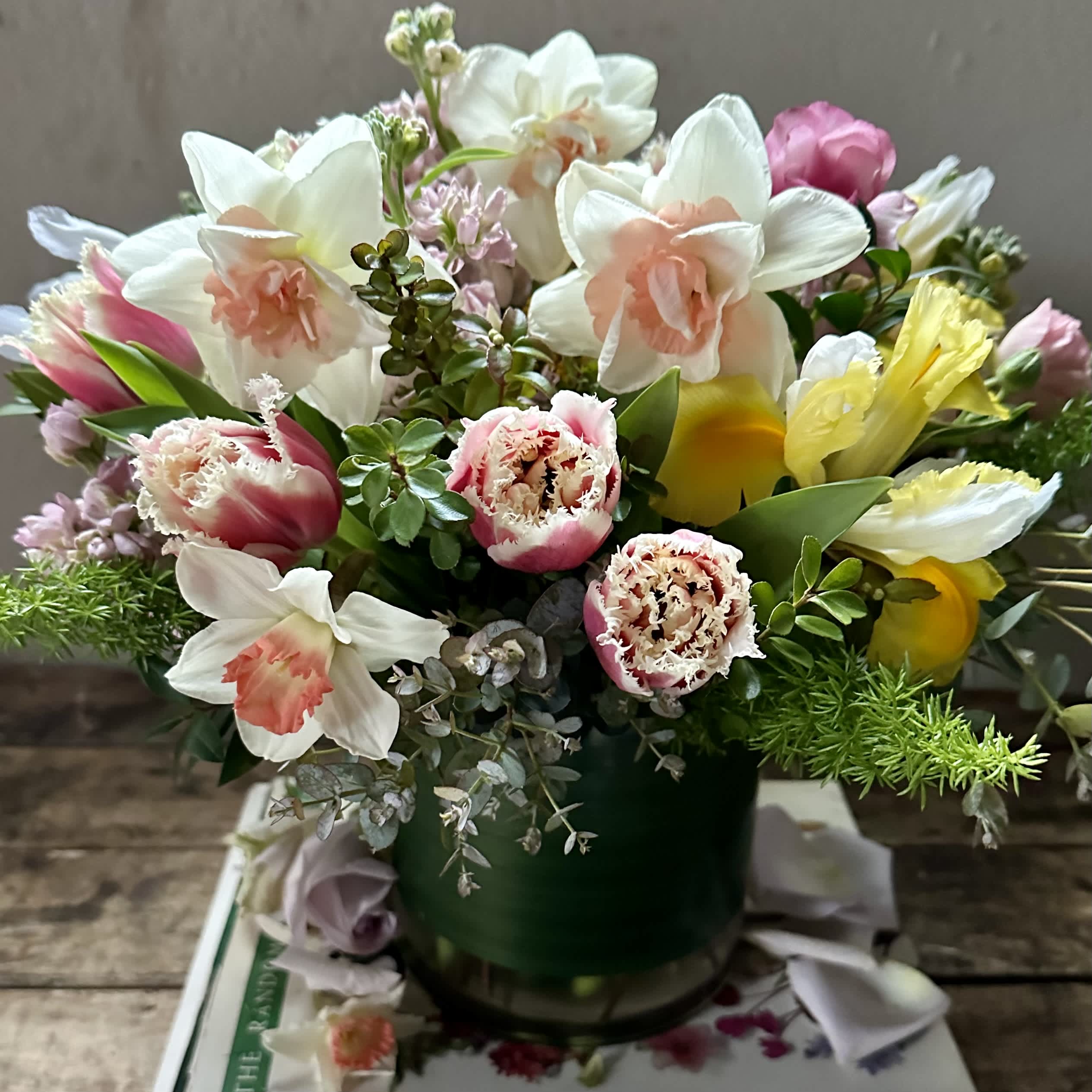 Pastel Picnic - Spring in a vase! Enjoy Tulip varieties, daffodils, iris and stock.