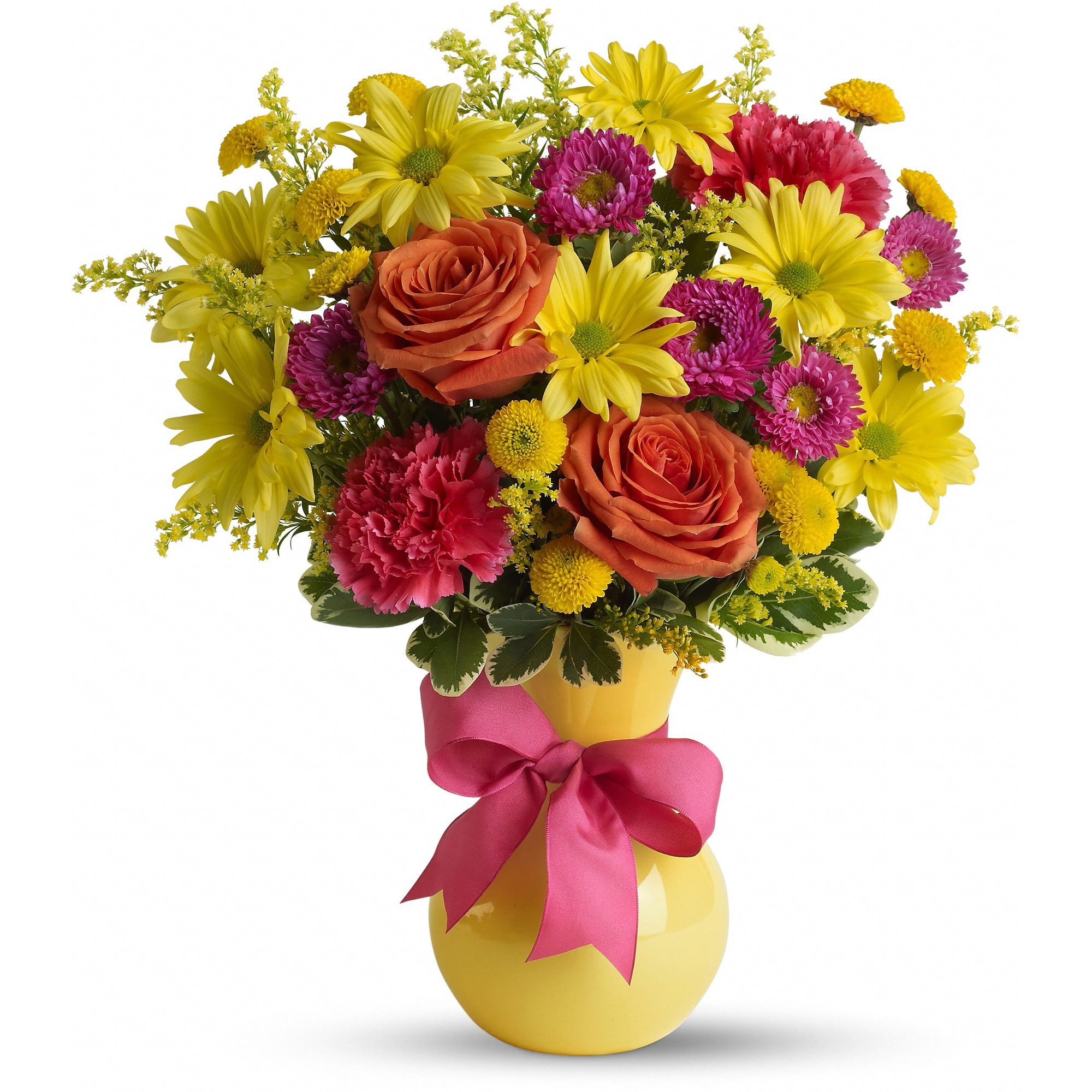 Teleflora's Hooray-diant! - It's called "Hoo-radiant!" The perfect name for this exuberant gift of orange roses, hot pink carnations and other favorites bursting from a sunny yellow vase they'll love. Go ahead, make their day. 