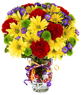 Best Wishes - Celebrate with a colorful flower bouquet! Arranged with fresh flowers including red carnations, yellow daisies, purple Monte Casino and green button poms. Delivered in a glass vase with a decorative curly ribbon. Measures 14"H by 11"L.