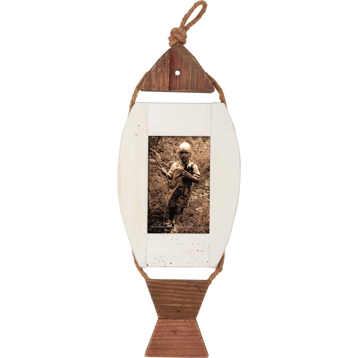 Fish Wall Frame - A wooden wall frame displaying a fish design made from natural wood pieces connected by jute rope. Center piece features white paint and space to fit a 4 inch by 6 inch photo. Our Fish wall frame is easy to hang via attached jute rope hanger. A rustic option for displaying favorite memories as everyday home décor.