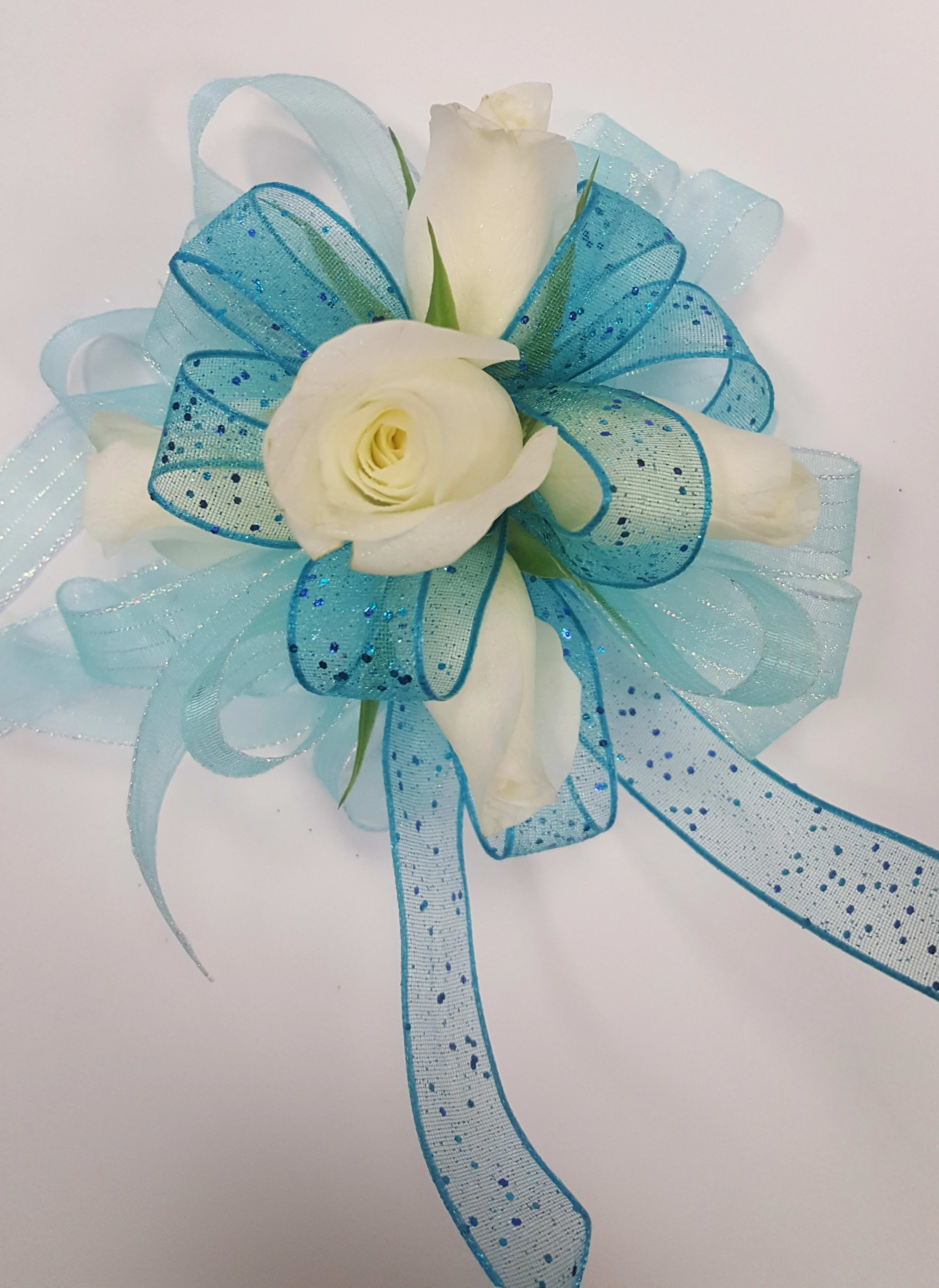 Turquoise Tower - White sweetheart roses with ribbon. Must order 48 hours before event.