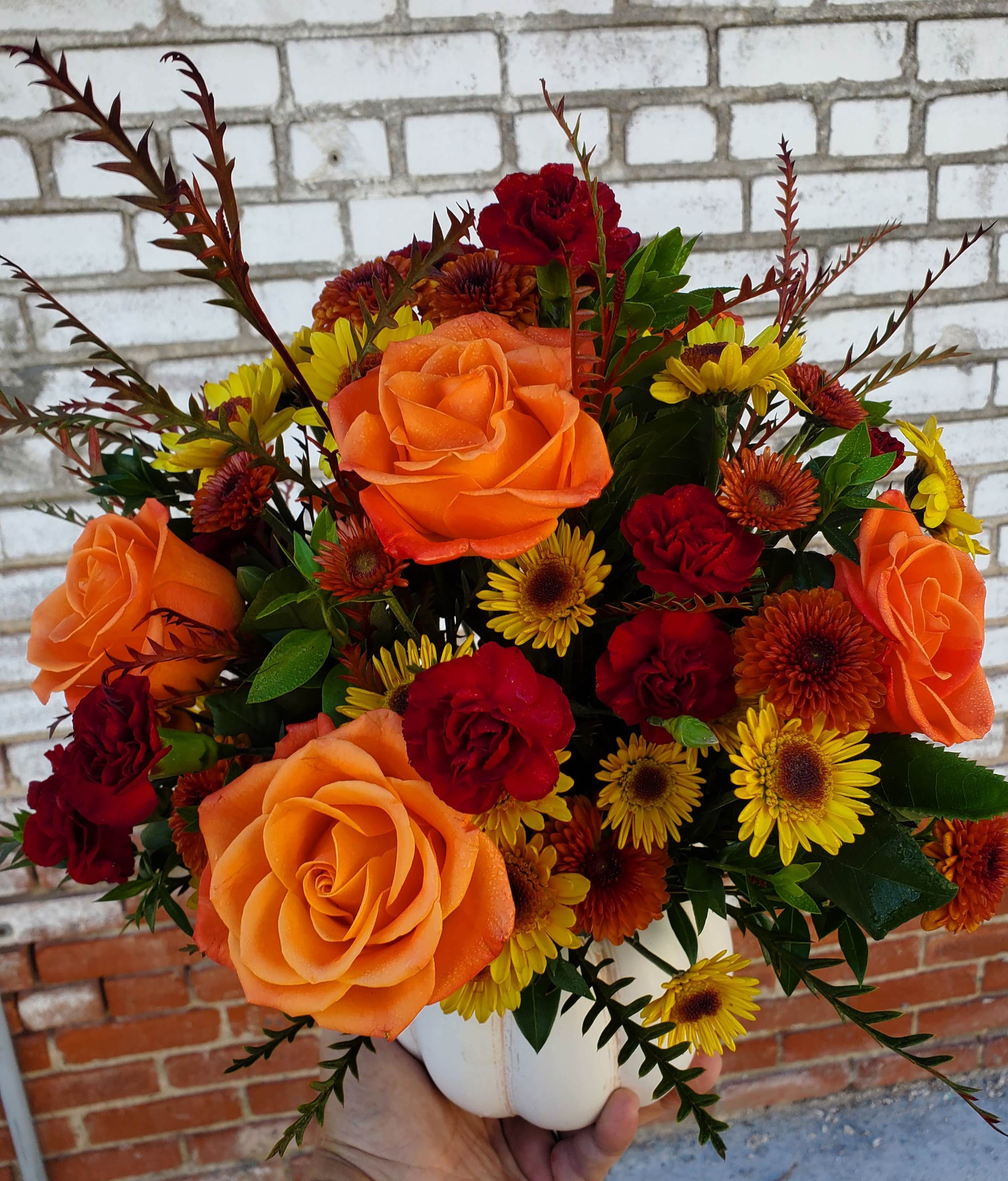 Pumpkin  Spice  - Seasonal Fall floral in white ceramic pumpkin. LIMITED ITEM 