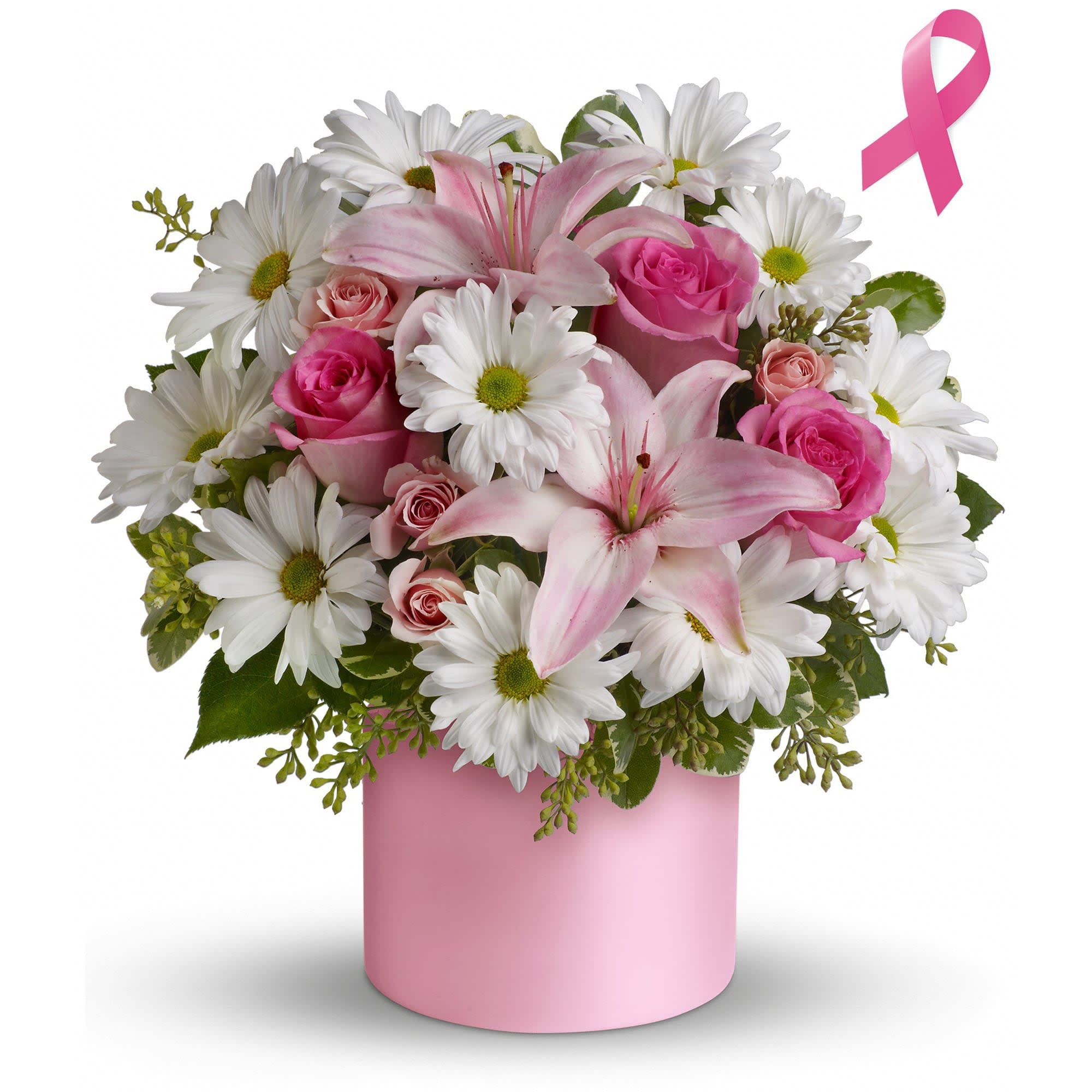 Teleflora's Pink Hope and Courage Bouquet - Celebrate the fabulous female in your life with pink roses and lilies in a satiny pink cylinder vase. She'll be thrilled with this charmingly feminine gift - and touched by your thoughtfulness because it is also a gift for others.  