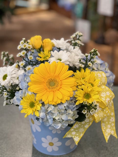 Spring Dasies (SPD) - White Daisies are included in this beautiful spring design including Hydrangeas, Gerber's and more.   Colors may differ