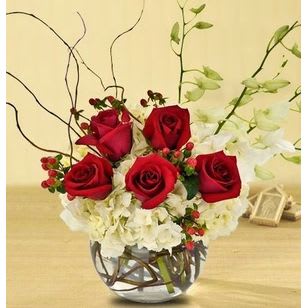 Red and White Bubble bowl arrangement - Heavenly grouping of White Hydrangea, Red roses and White Orchids