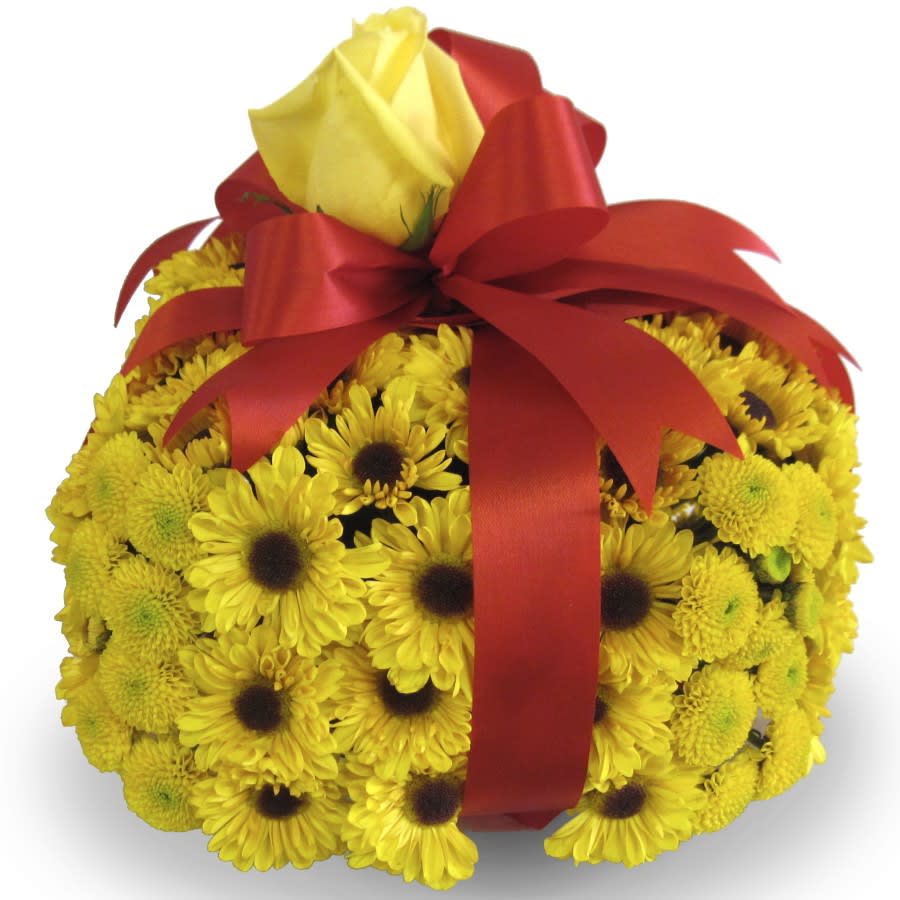 Bright Wishes - If our flower cakes don't seem appealing, then try "Bright Wishes"! An arrangement made of yellow daisies and yellow button pom poms, our designers craft each flower to create a present silhoutte, wrapped in a red bow and topped off with a single yellow rose. Perfect for a birthday or any other celebratory occasion!