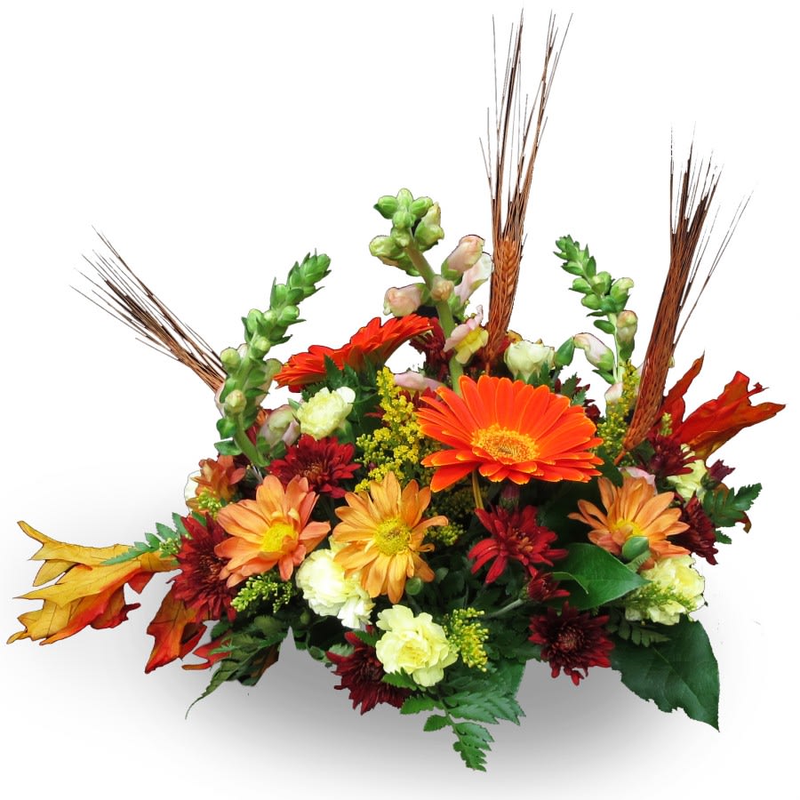 Thankful For You - Our "Thankful For You" arrangement works as a perfect centerpiece for the Fall season. Included are gerber daisies, daisies, carnations, snapdragons, and wheat stalks.  