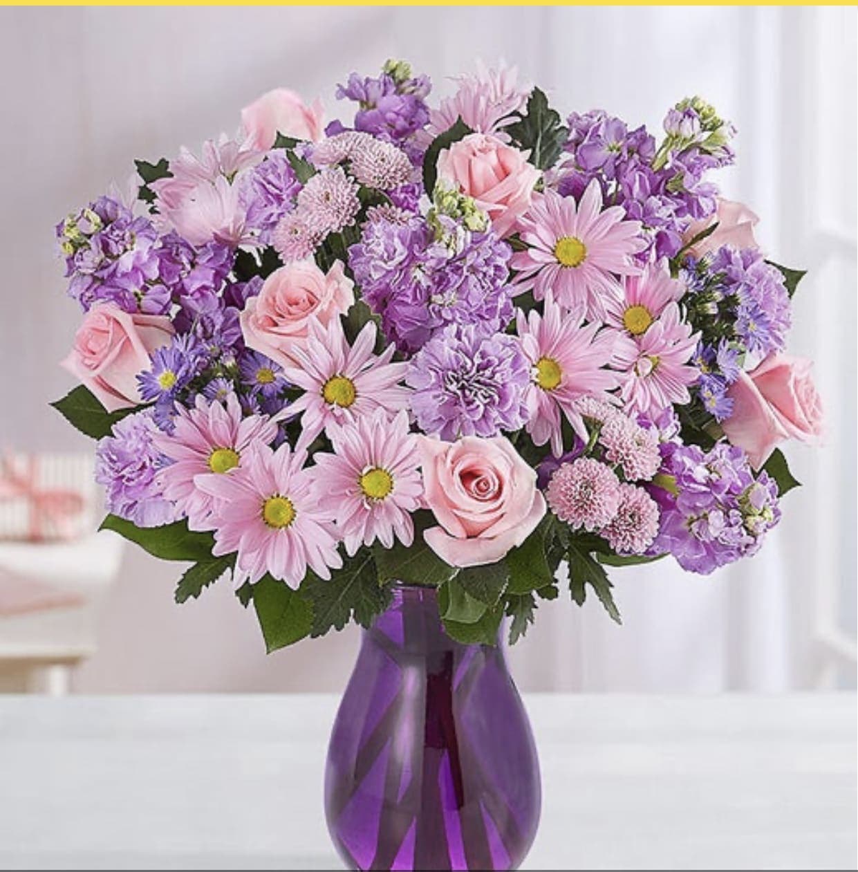Day Dreaming Purples - Daisies, roses, Stock, Purple vase may vary depending on what is in stock.