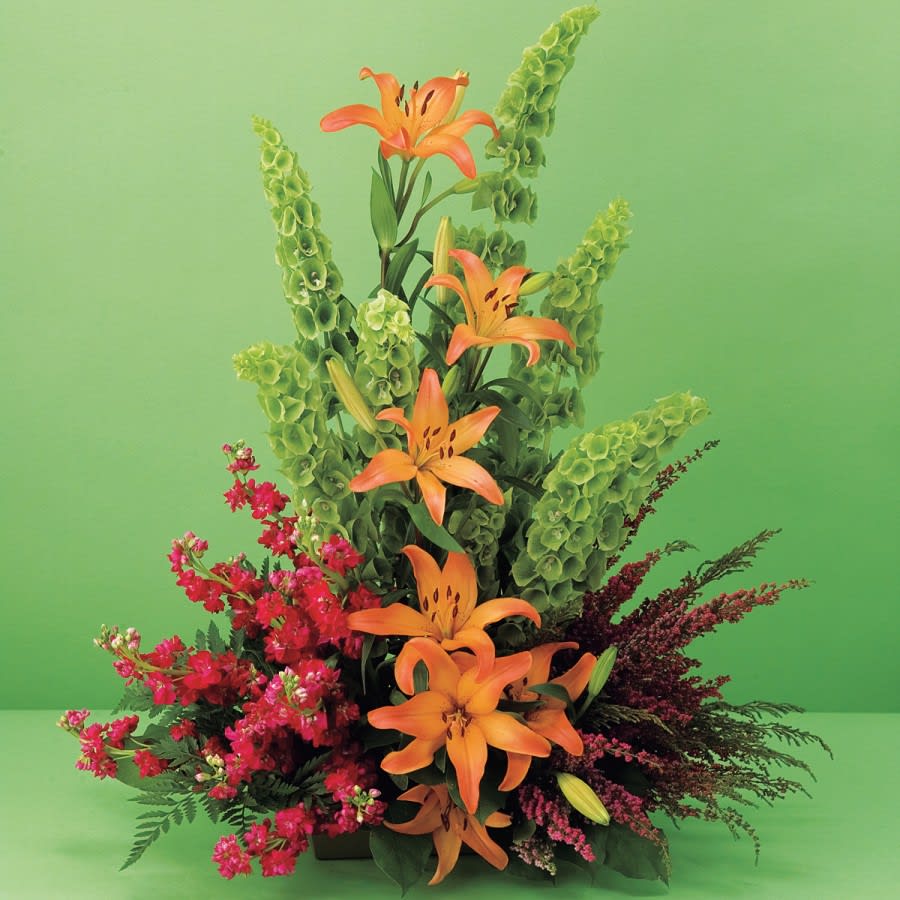 Lilies of Love - This simple arrangement of six tiger lilies sweetly burrowed in a bed of breathtaking Heather and Bells of Ireland is ideal for any occasion. Send it to grandma on her birthday or use it as an accessory for an end table, any way you use it its guaranteed to put a smile on anyone’s face.