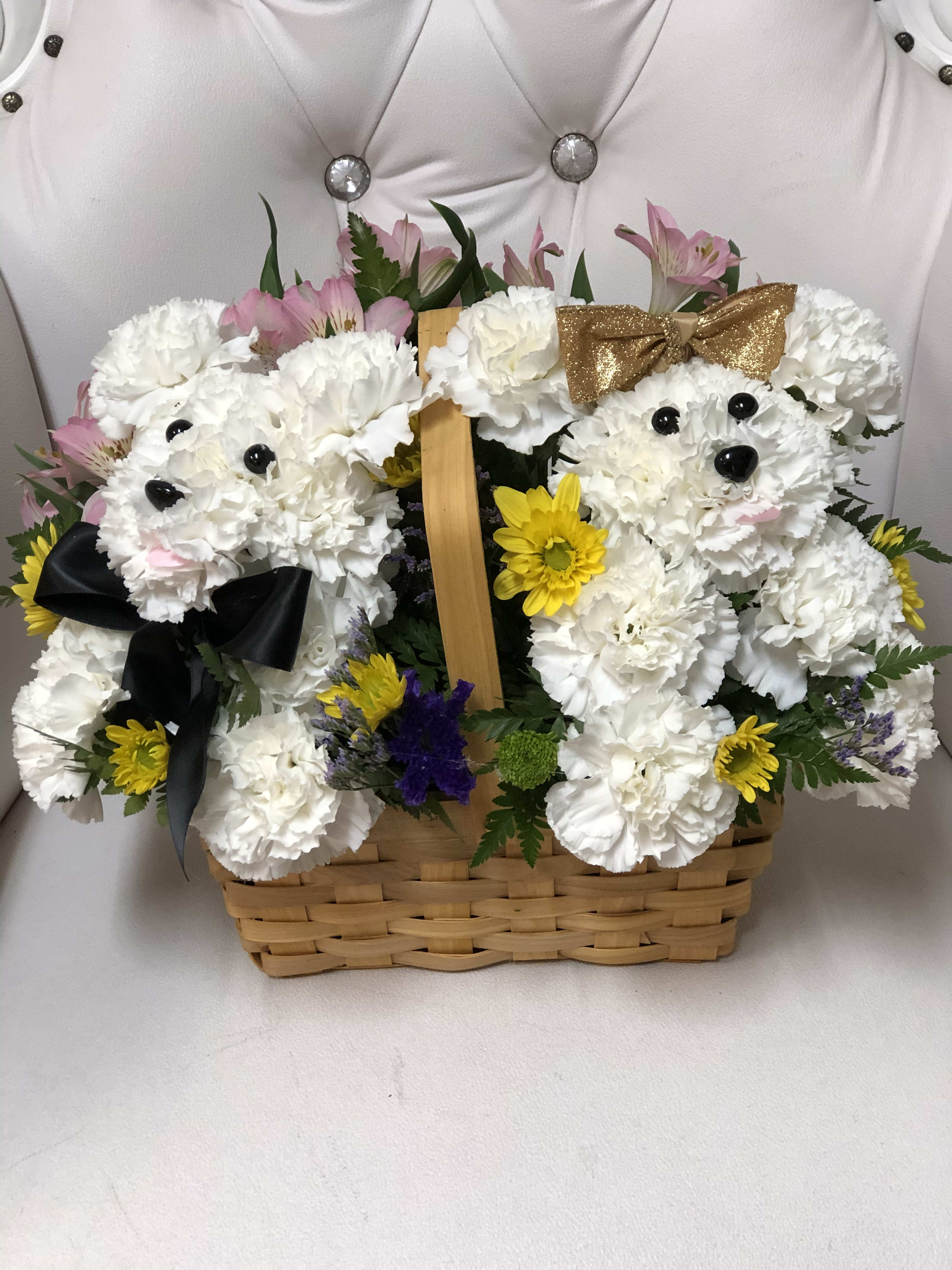 Paired puppies basket - Two carnation dogs in basket 