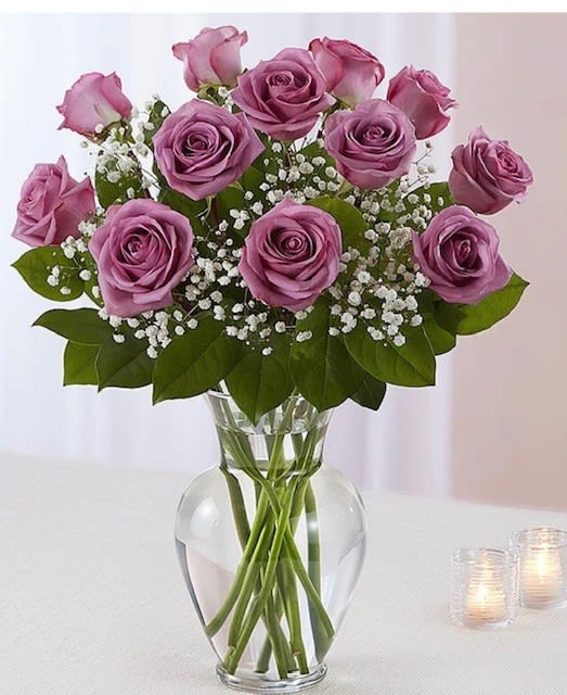 lavender love - 12 lovely lavender roses with baby's breath including the vase