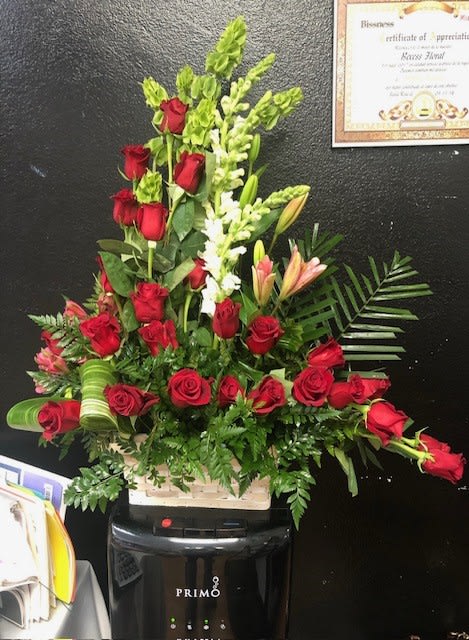 santa rosa basket - 24 red roses with white snapdragon and a mixture of greens 