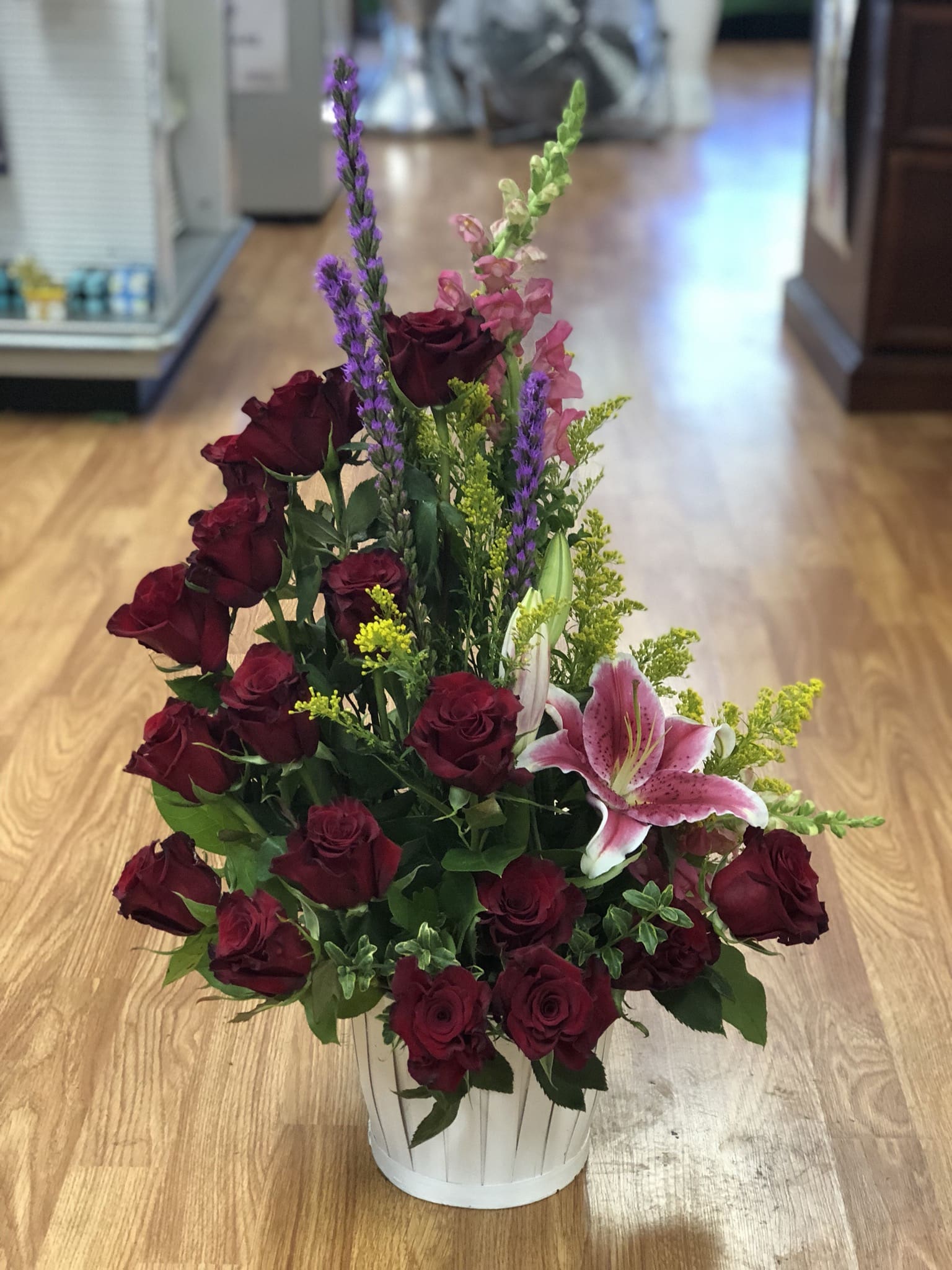 Red roses stairway - beautiful red rose untraditional arrangement